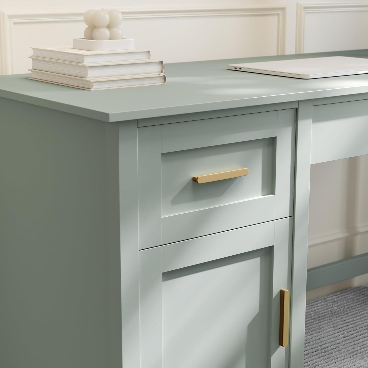 imageMartha Stewart Hutton Shaker Style Home Office Desk with Storage in White with Polished Brass HardwareSage FramePolished Brass Hardware