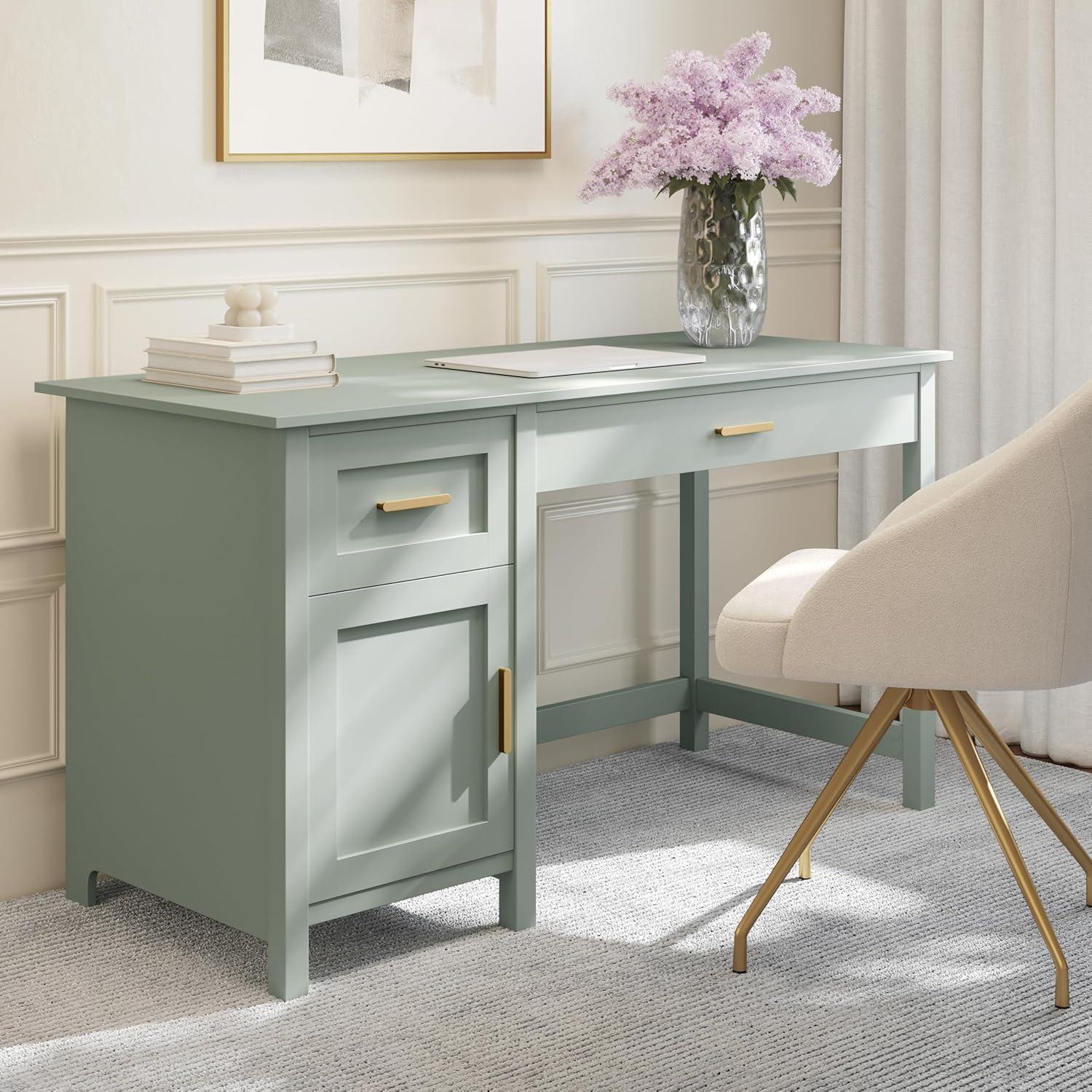 imageMartha Stewart Hutton Shaker Style Home Office Desk with Storage in White with Polished Brass HardwareSage FramePolished Brass Hardware