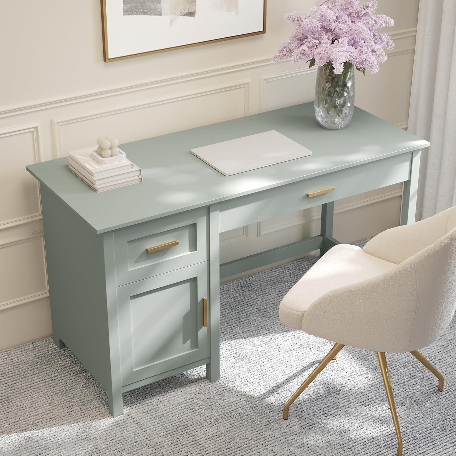 imageMartha Stewart Hutton Shaker Style Home Office Desk with Storage in White with Polished Brass HardwareSage FramePolished Brass Hardware