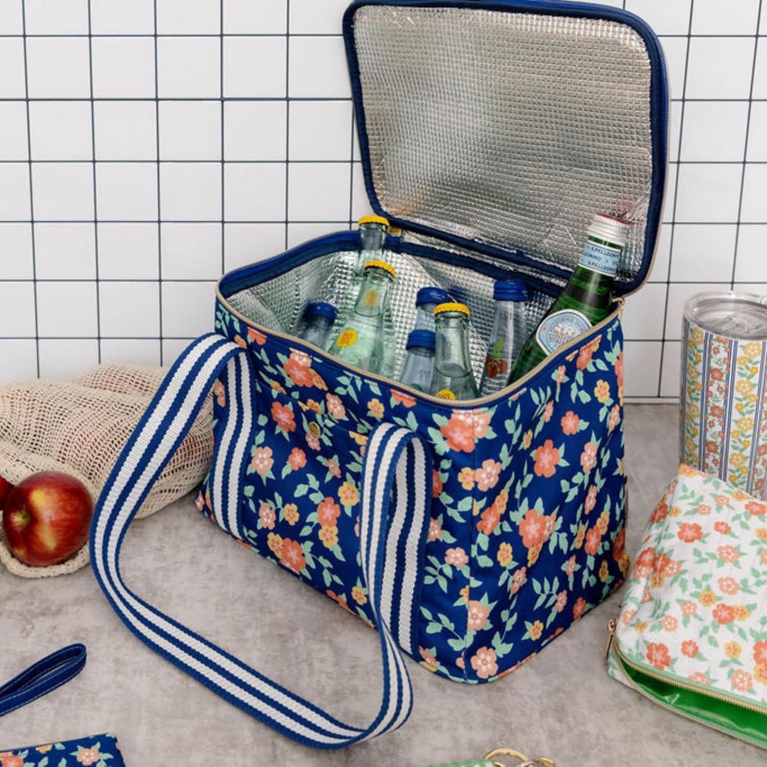 imageMartha Stewart Insulated Cooler Bag Spacious 118quot x 85quot x 122quot Reusable Grocery Bag for Food and Beverages Durable Cotton Canvas with Insulated Interior Floral Deep Ultramarine