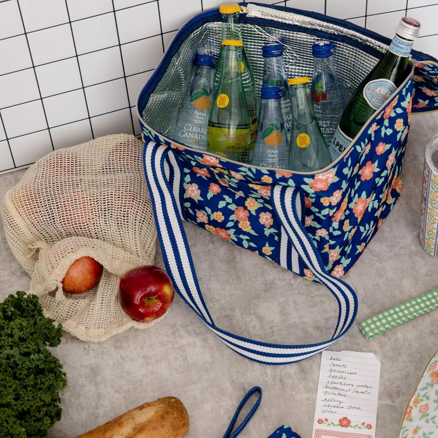 imageMartha Stewart Insulated Cooler Bag Spacious 118quot x 85quot x 122quot Reusable Grocery Bag for Food and Beverages Durable Cotton Canvas with Insulated Interior Floral Deep Ultramarine