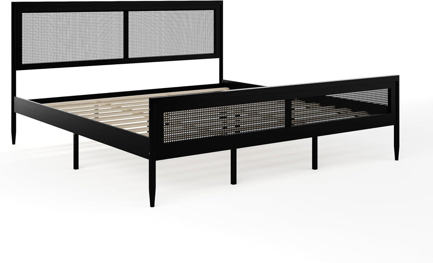 imageMartha Stewart Jax Platform Bed with Rattan Headboard and Footboard Solid Wood Frame Wooden Support Slats No Box Spring Needed Queen Size Brown GrayBlack