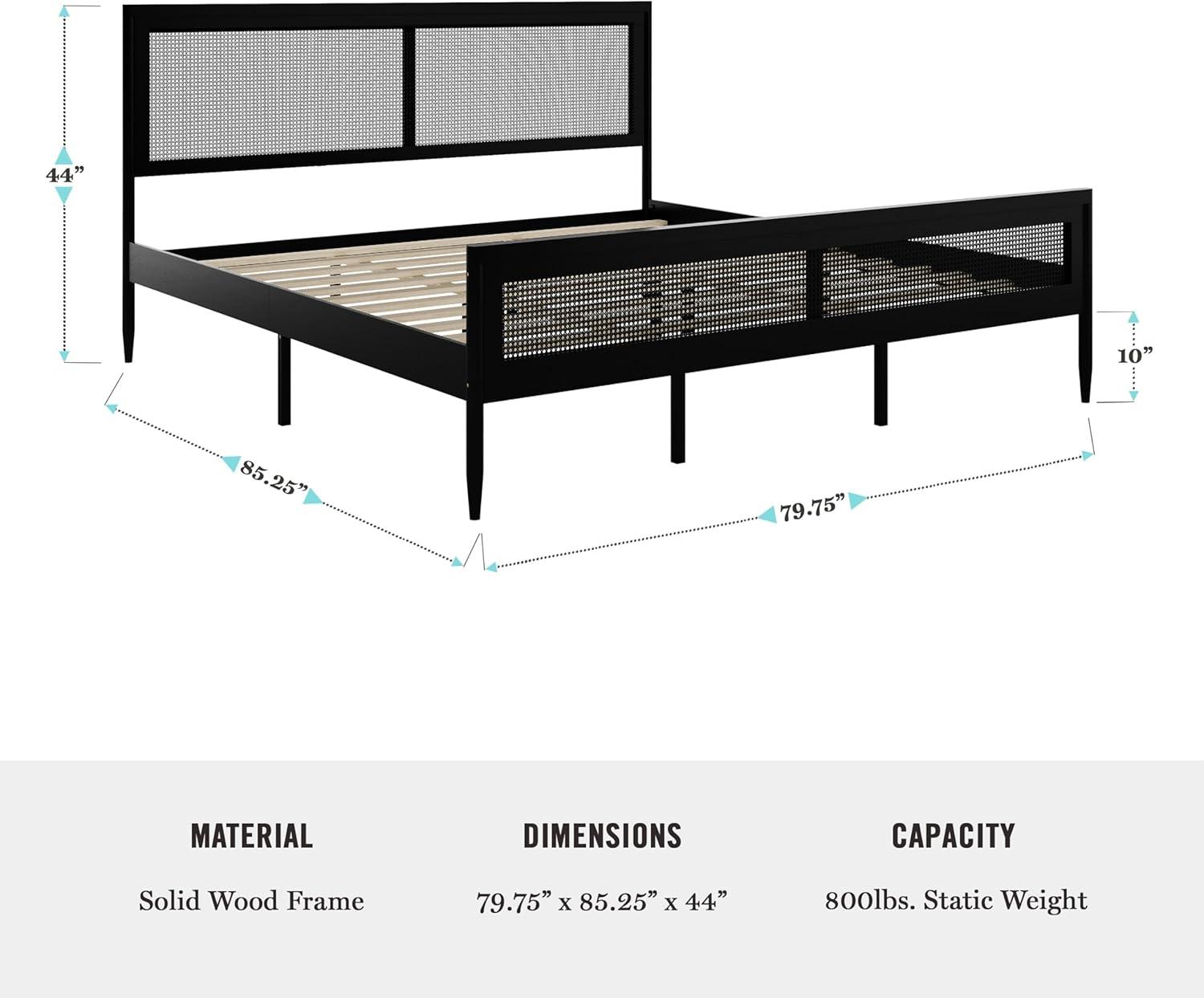 imageMartha Stewart Jax Platform Bed with Rattan Headboard and Footboard Solid Wood Frame Wooden Support Slats No Box Spring Needed Queen Size Brown GrayBlack