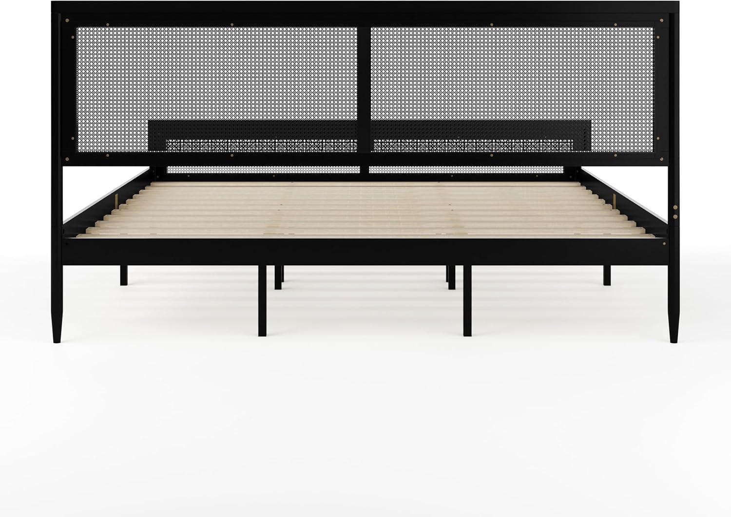 imageMartha Stewart Jax Platform Bed with Rattan Headboard and Footboard Solid Wood Frame Wooden Support Slats No Box Spring Needed Queen Size Brown GrayBlack