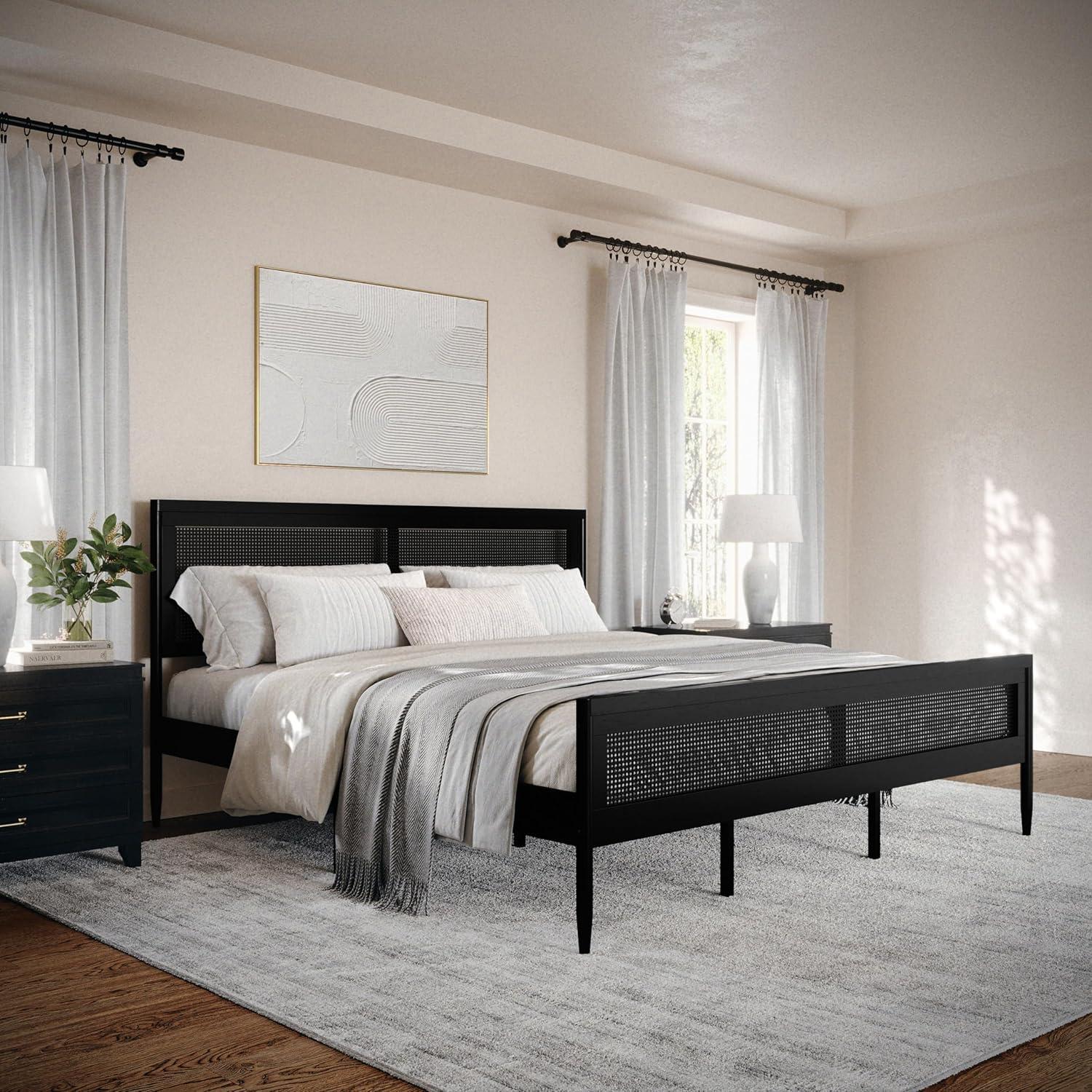 imageMartha Stewart Jax Platform Bed with Rattan Headboard and Footboard Solid Wood Frame Wooden Support Slats No Box Spring Needed Queen Size Brown GrayBlack