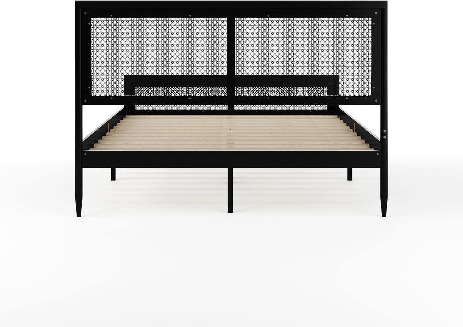 imageMartha Stewart Jax Platform Bed with Rattan Headboard and Footboard Solid Wood Frame Wooden Support Slats No Box Spring Needed Queen Size Brown GrayBlack