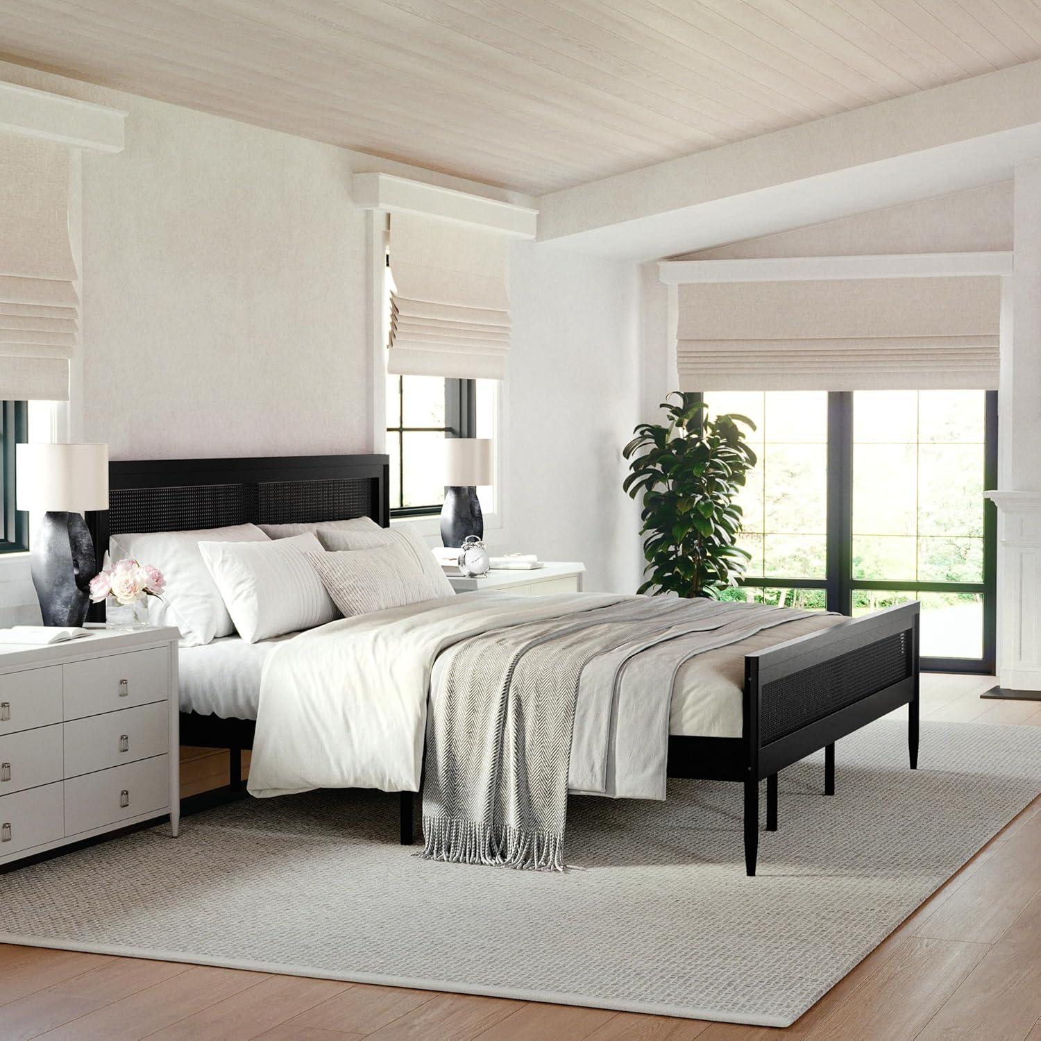 imageMartha Stewart Jax Platform Bed with Rattan Headboard and Footboard Solid Wood Frame Wooden Support Slats No Box Spring Needed Queen Size Brown GrayBlack