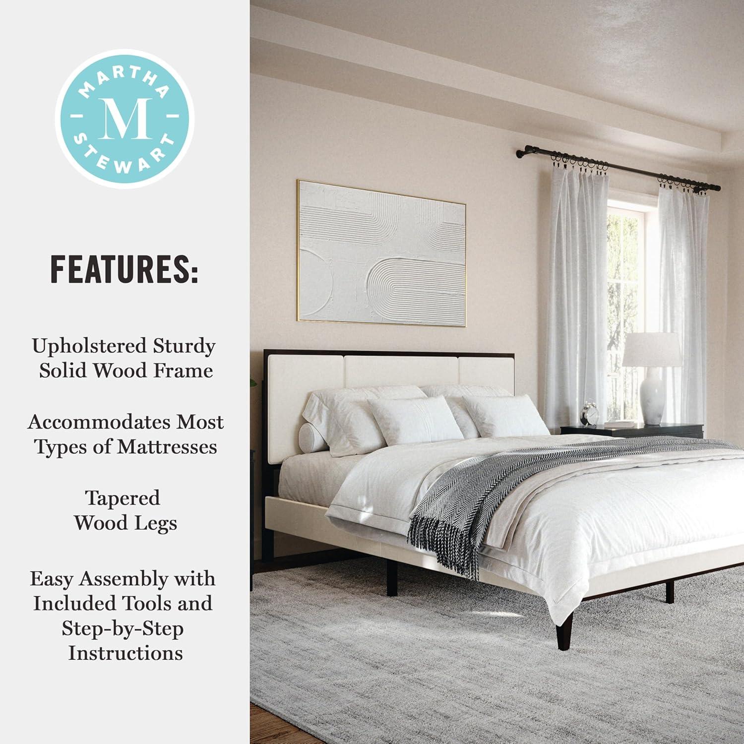 imageMartha Stewart Jett Platform Bed with Headboard Fabric Upholstered Inset Headboard and Base Solid Wood Frame No Box Spring Needed Queen Dark BrownBeigeBeige FabricDark Brown Frame
