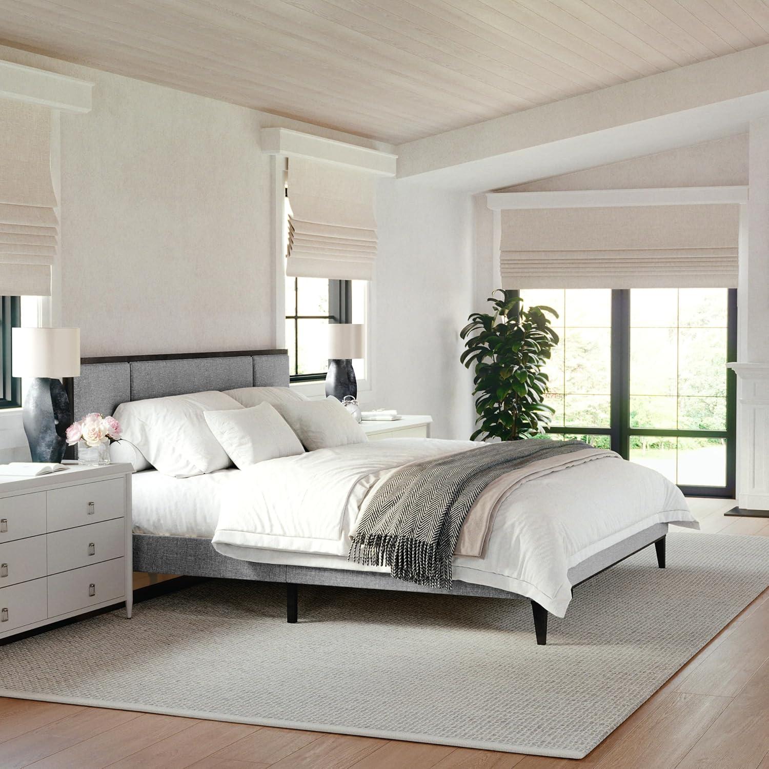 imageMartha Stewart Jett Platform Bed with Headboard Fabric Upholstered Inset Headboard and Base Solid Wood Frame No Box Spring Needed Queen Dark BrownBeigeGray FabricBrown Gray Frame