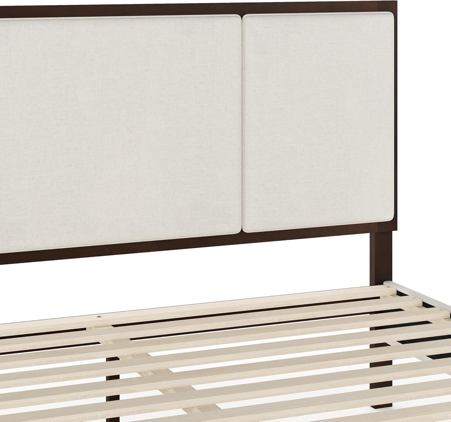 imageMartha Stewart Jett Platform Bed with Headboard Fabric Upholstered Inset Headboard and Base Solid Wood Frame No Box Spring Needed Queen Dark BrownBeigeBeige FabricDark Brown Frame