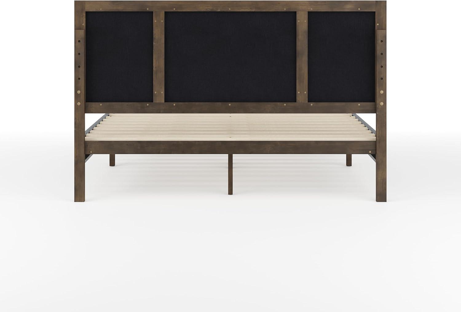 imageMartha Stewart Jett Platform Bed with Headboard Fabric Upholstered Inset Headboard and Base Solid Wood Frame No Box Spring Needed Queen Dark BrownBeigeGray FabricBrown Gray Frame