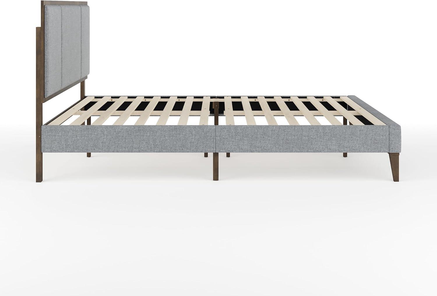 imageMartha Stewart Jett Platform Bed with Headboard Fabric Upholstered Inset Headboard and Base Solid Wood Frame No Box Spring Needed Queen Dark BrownBeigeGray FabricBrown Gray Frame