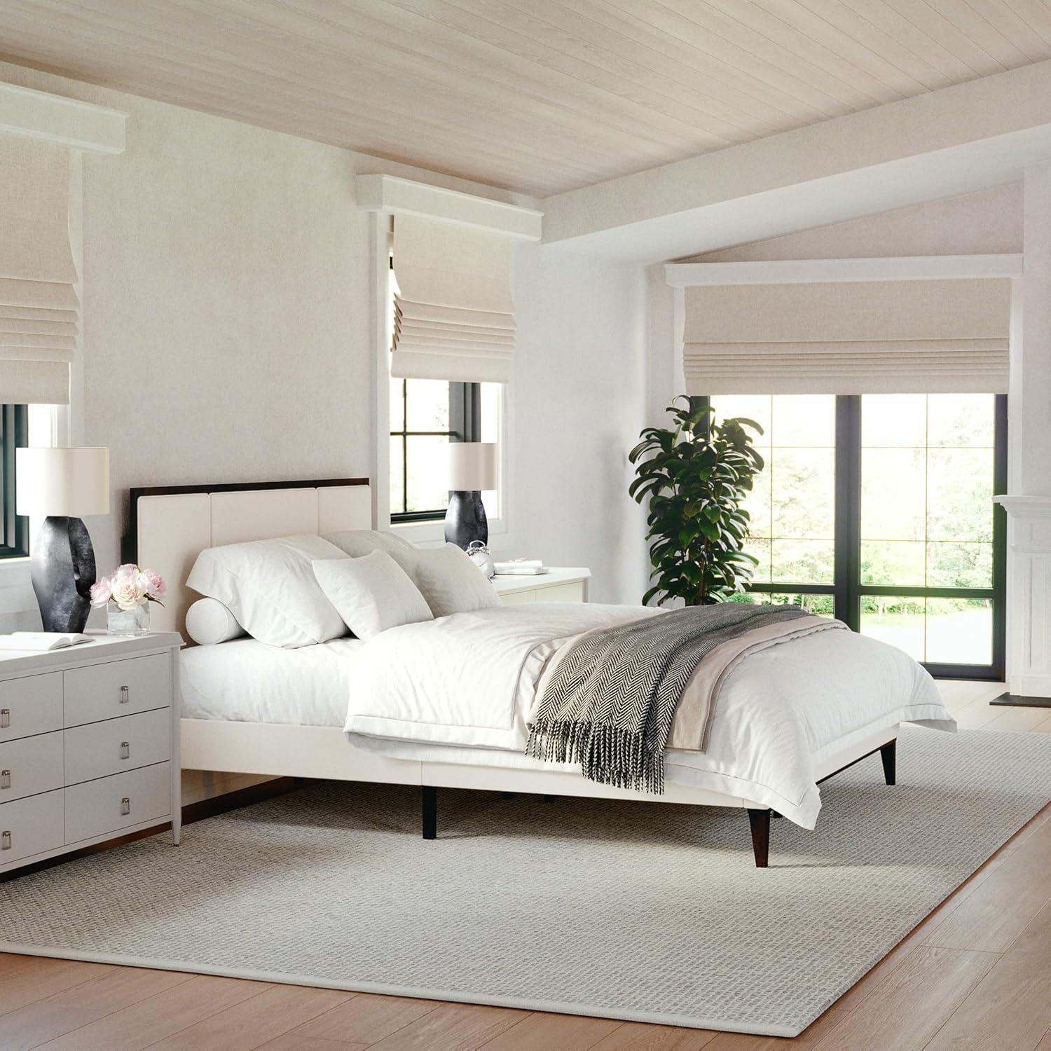 imageMartha Stewart Jett Platform Bed with Headboard Fabric Upholstered Inset Headboard and Base Solid Wood Frame No Box Spring Needed Queen Dark BrownBeigeBeige FabricDark Brown Frame