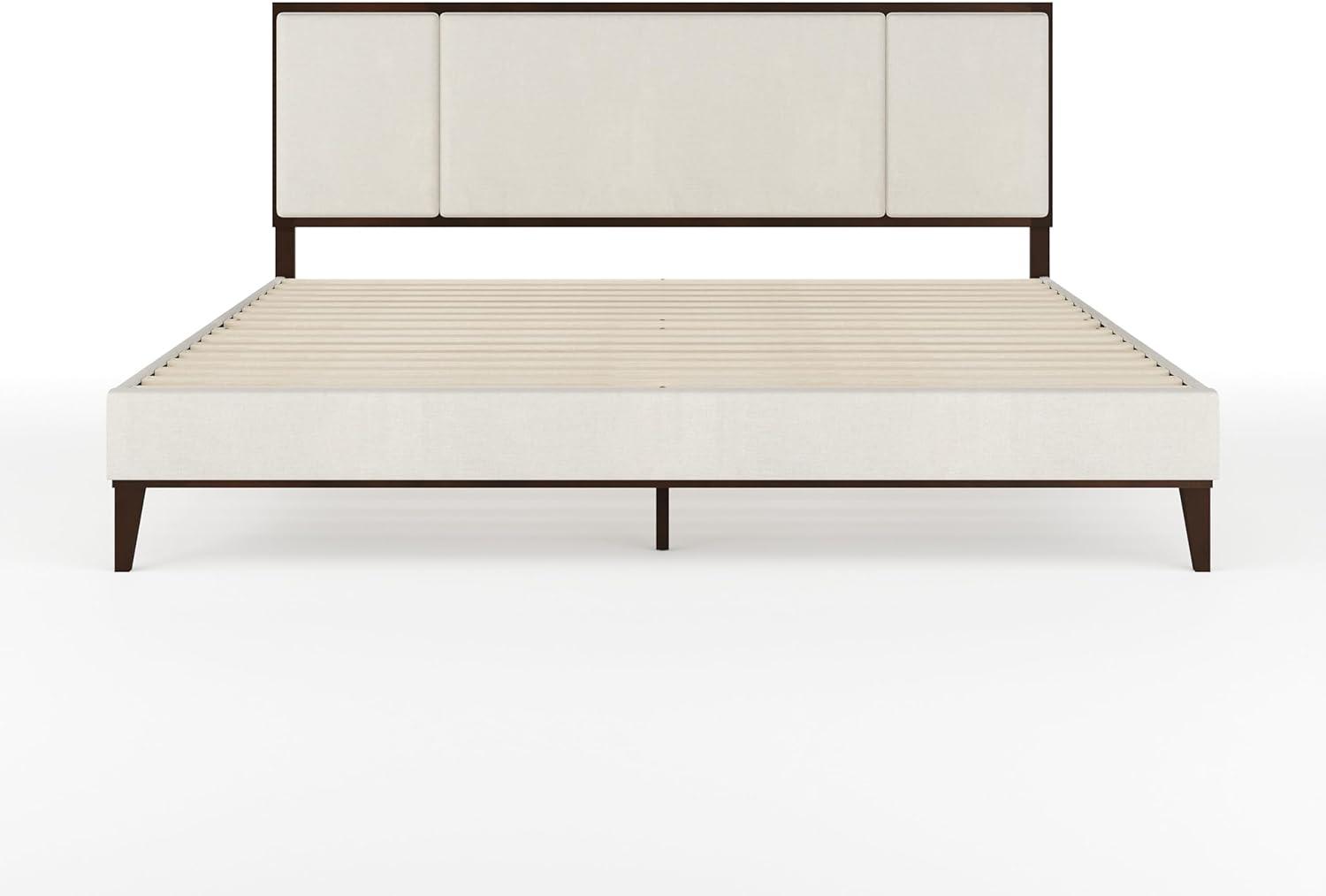 imageMartha Stewart Jett Platform Bed with Headboard Fabric Upholstered Inset Headboard and Base Solid Wood Frame No Box Spring Needed Queen Dark BrownBeigeBeige FabricDark Brown Frame