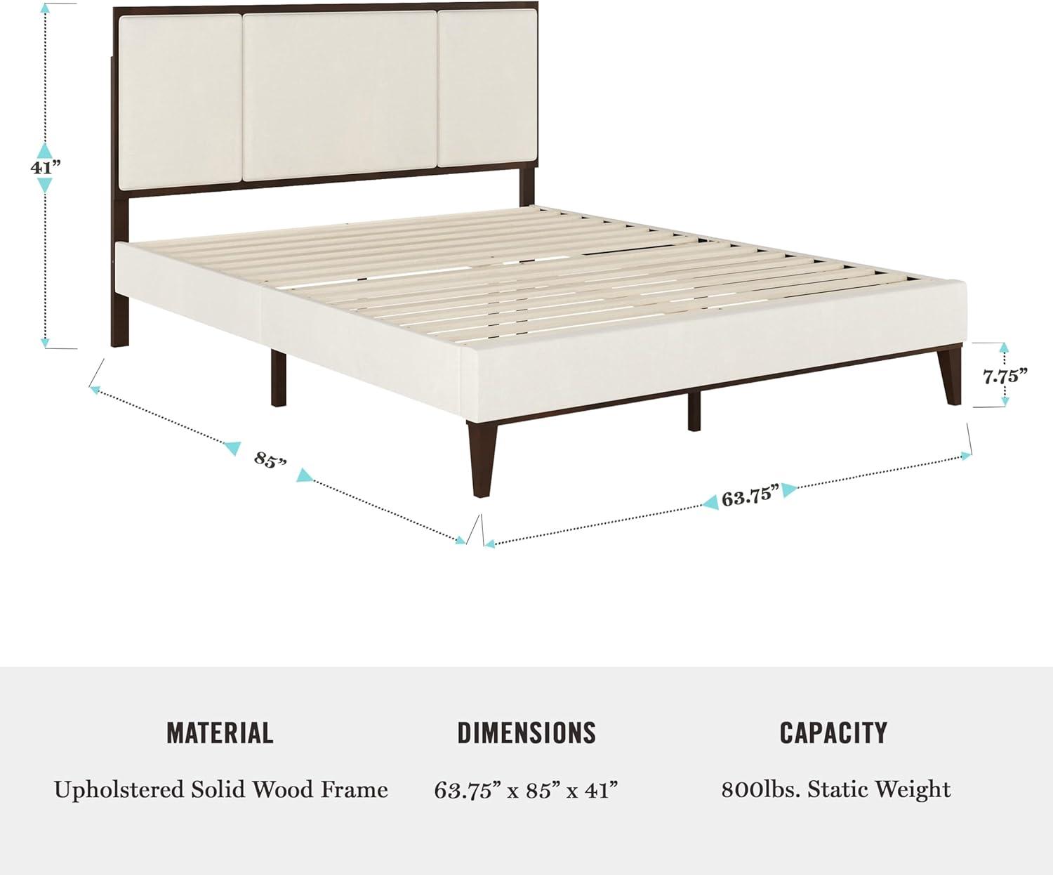 imageMartha Stewart Jett Platform Bed with Headboard Fabric Upholstered Inset Headboard and Base Solid Wood Frame No Box Spring Needed Queen Dark BrownBeigeBeige FabricDark Brown Frame