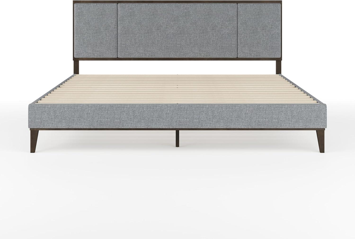 imageMartha Stewart Jett Platform Bed with Headboard Fabric Upholstered Inset Headboard and Base Solid Wood Frame No Box Spring Needed Queen Dark BrownBeigeGray FabricBrown Gray Frame