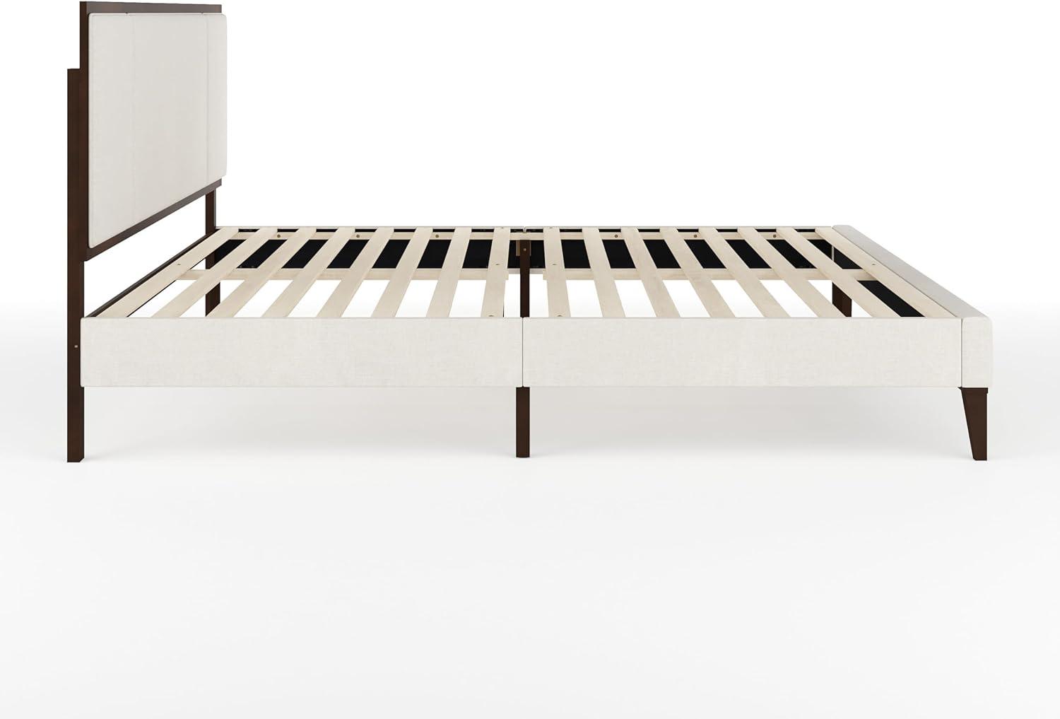 imageMartha Stewart Jett Platform Bed with Headboard Fabric Upholstered Inset Headboard and Base Solid Wood Frame No Box Spring Needed Queen Dark BrownBeigeBeige FabricDark Brown Frame