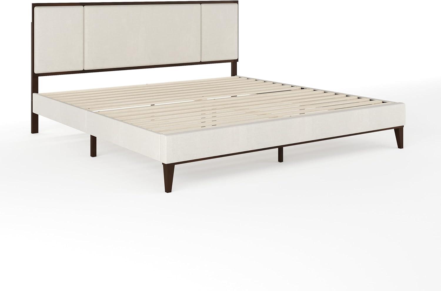 imageMartha Stewart Jett Platform Bed with Headboard Fabric Upholstered Inset Headboard and Base Solid Wood Frame No Box Spring Needed Queen Dark BrownBeigeBeige FabricDark Brown Frame