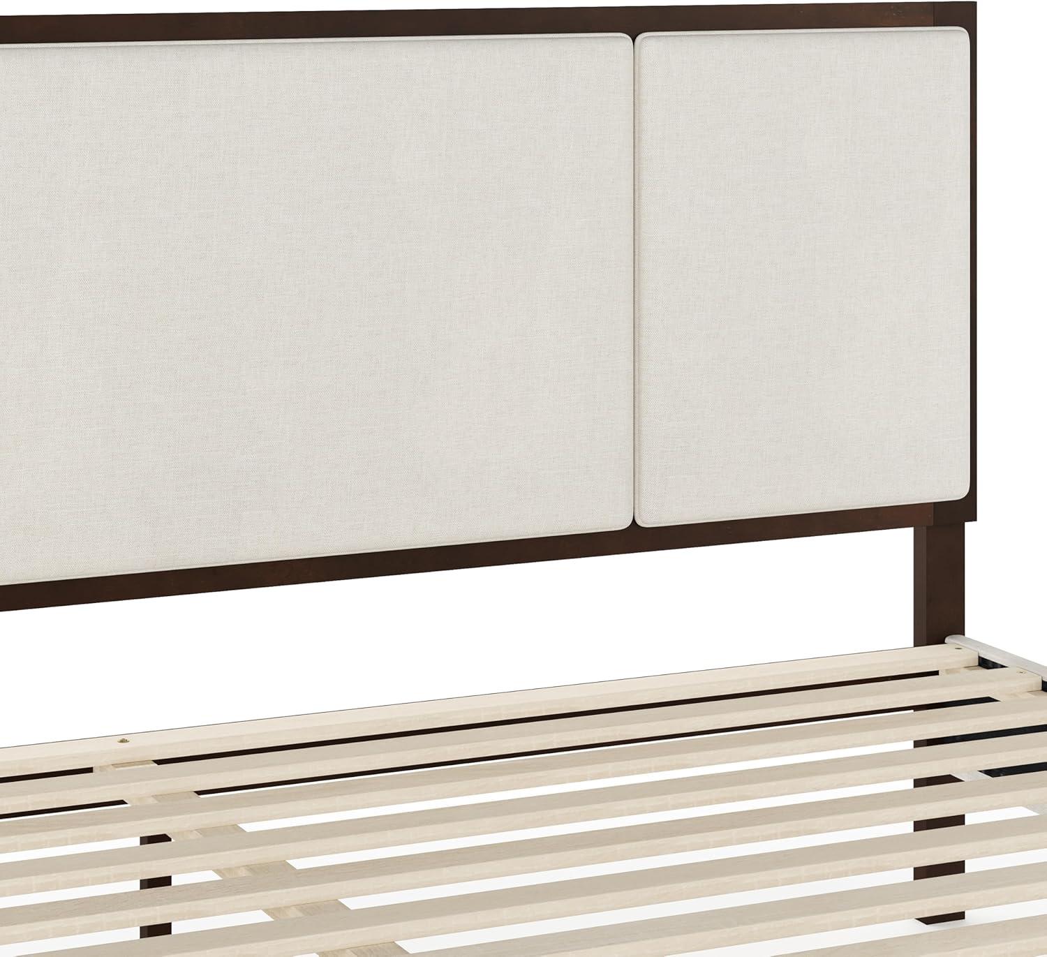 imageMartha Stewart Jett Platform Bed with Headboard Fabric Upholstered Inset Headboard and Base Solid Wood Frame No Box Spring Needed Queen Dark BrownBeigeBeige FabricDark Brown Frame