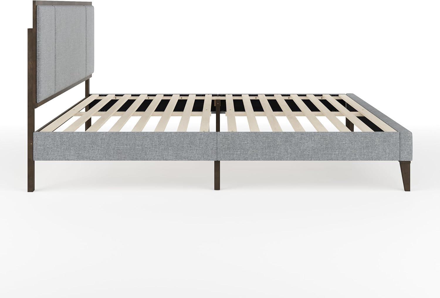 imageMartha Stewart Jett Platform Bed with Headboard Fabric Upholstered Inset Headboard and Base Solid Wood Frame No Box Spring Needed Queen Dark BrownBeigeGray FabricBrown Gray Frame