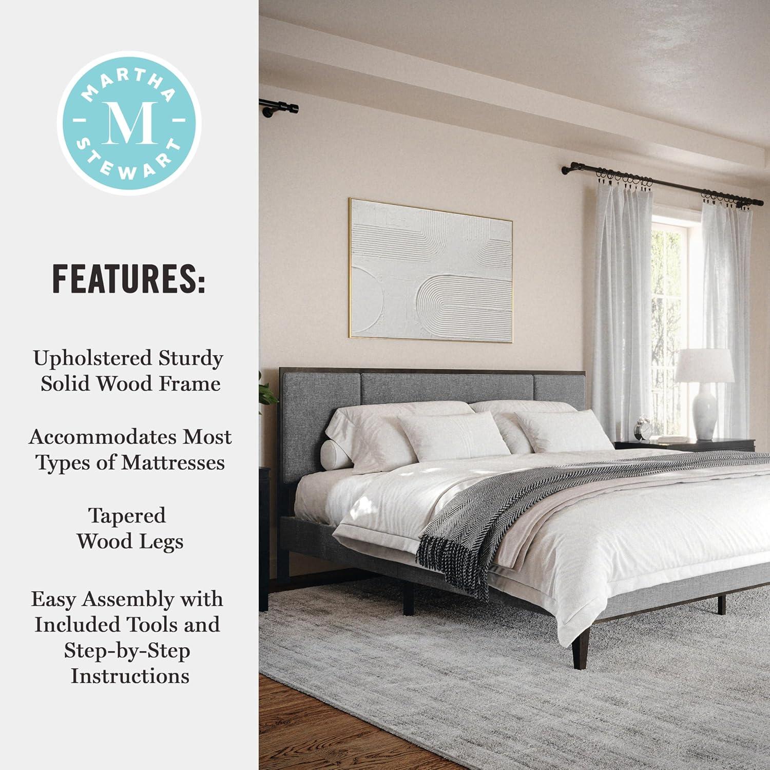 imageMartha Stewart Jett Platform Bed with Headboard Fabric Upholstered Inset Headboard and Base Solid Wood Frame No Box Spring Needed Queen Dark BrownBeigeGray FabricBrown Gray Frame