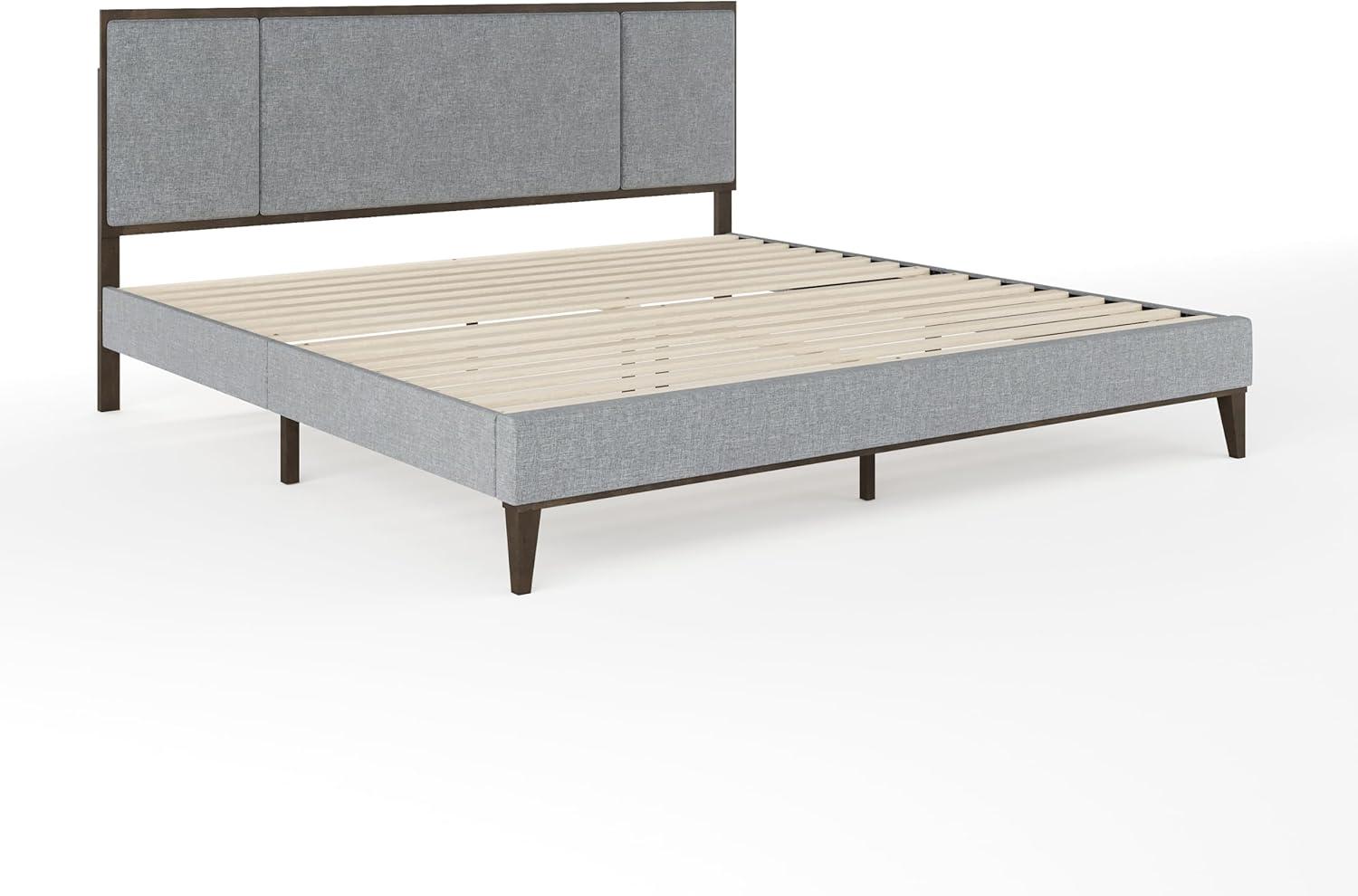 imageMartha Stewart Jett Platform Bed with Headboard Fabric Upholstered Inset Headboard and Base Solid Wood Frame No Box Spring Needed Queen Dark BrownBeigeGray FabricBrown Gray Frame