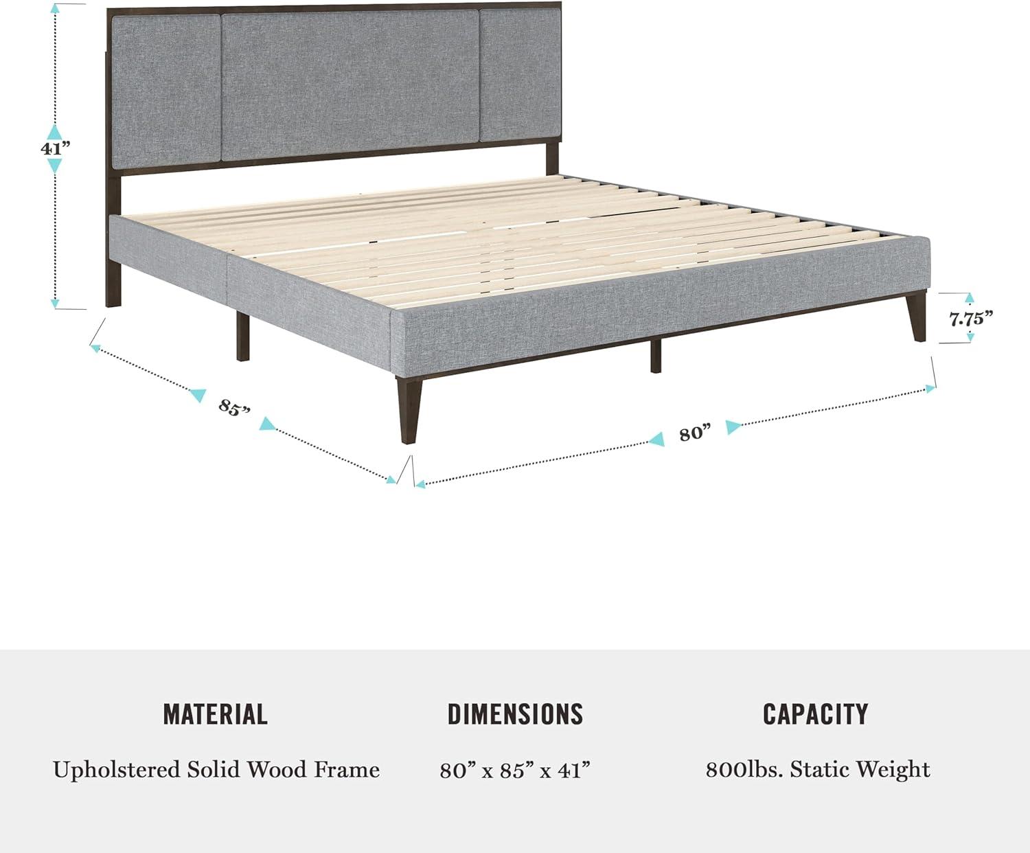 imageMartha Stewart Jett Platform Bed with Headboard Fabric Upholstered Inset Headboard and Base Solid Wood Frame No Box Spring Needed Queen Dark BrownBeigeGray FabricBrown Gray Frame