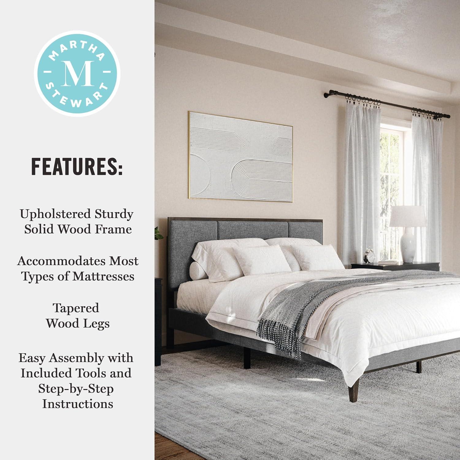 imageMartha Stewart Jett Platform Bed with Headboard Fabric Upholstered Inset Headboard and Base Solid Wood Frame No Box Spring Needed Queen Dark BrownBeigeGray FabricBrown Gray Frame