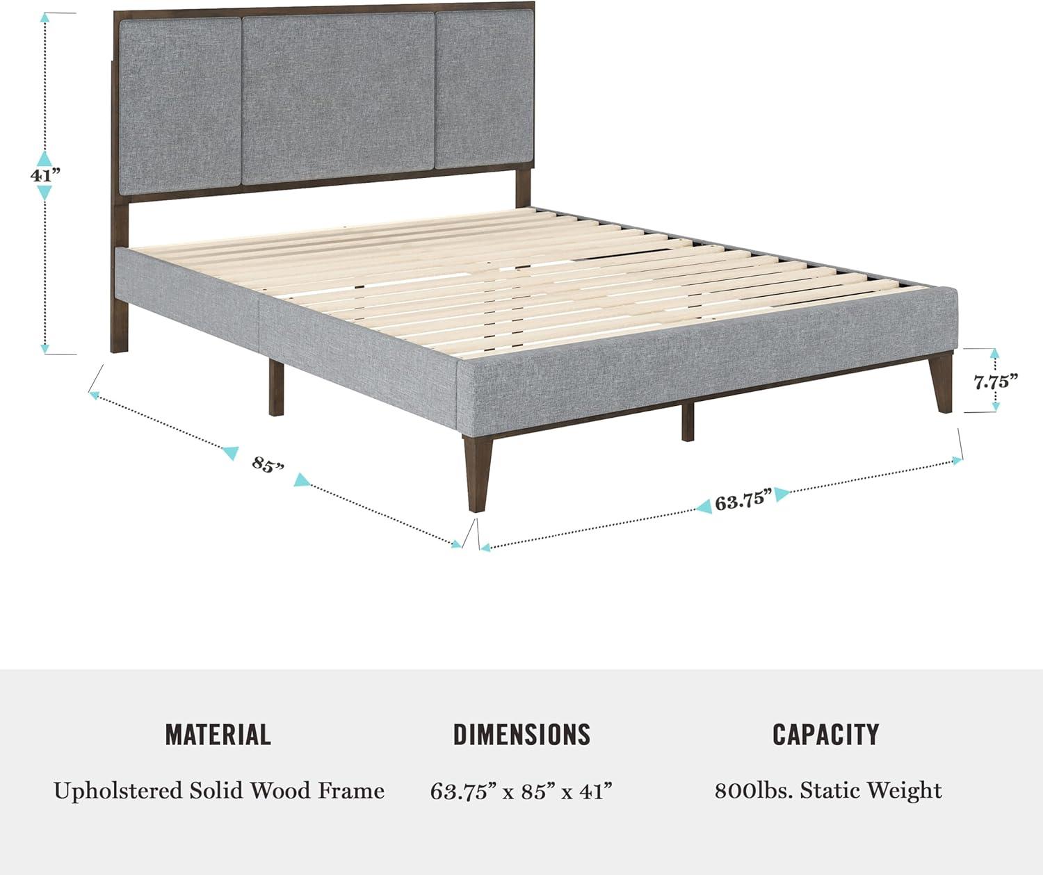 imageMartha Stewart Jett Platform Bed with Headboard Fabric Upholstered Inset Headboard and Base Solid Wood Frame No Box Spring Needed Queen Dark BrownBeigeGray FabricBrown Gray Frame