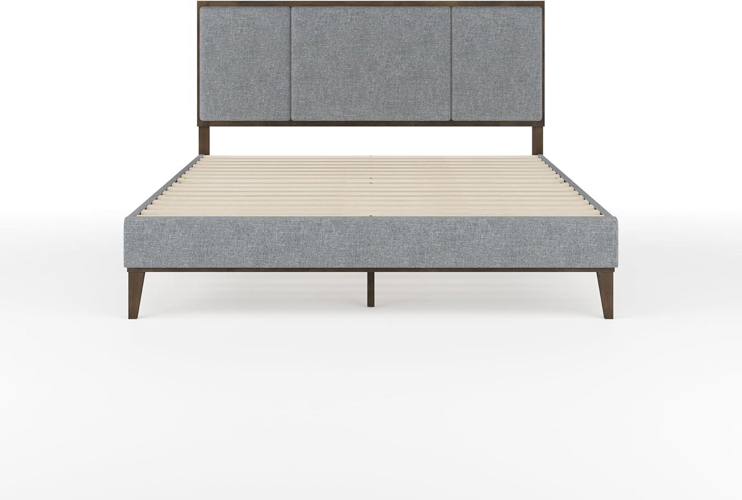 imageMartha Stewart Jett Platform Bed with Headboard Fabric Upholstered Inset Headboard and Base Solid Wood Frame No Box Spring Needed Queen Dark BrownBeigeGray FabricBrown Gray Frame