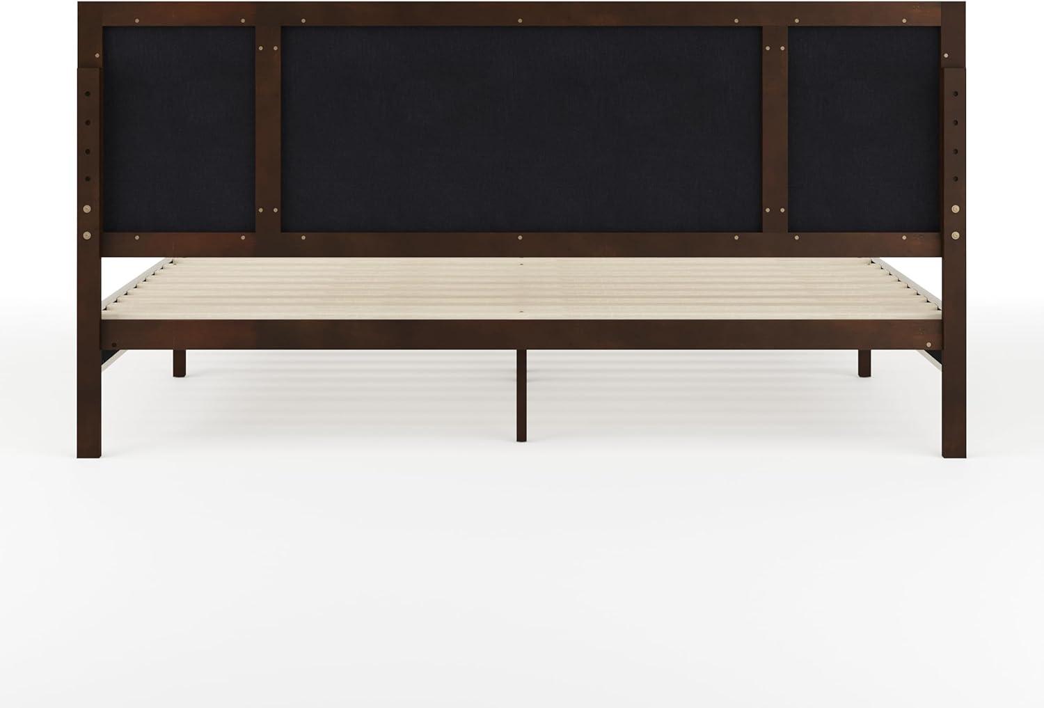 imageMartha Stewart Jett Platform Bed with Headboard Fabric Upholstered Inset Headboard and Base Solid Wood Frame No Box Spring Needed Queen Dark BrownBeigeBeige FabricDark Brown Frame