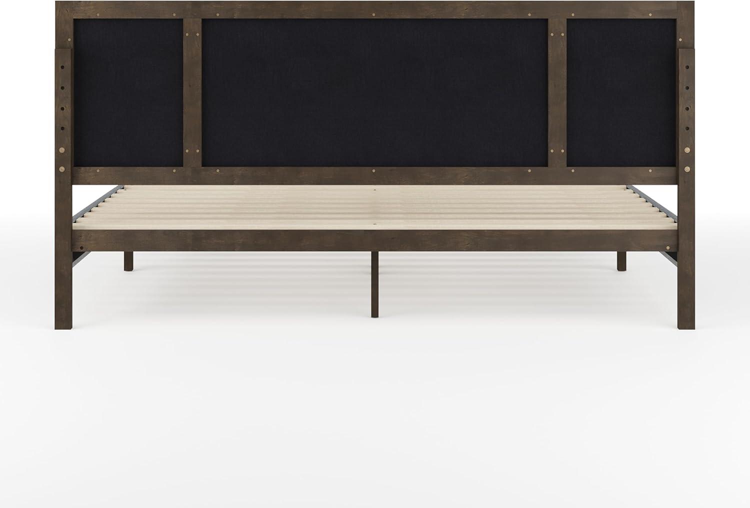 imageMartha Stewart Jett Platform Bed with Headboard Fabric Upholstered Inset Headboard and Base Solid Wood Frame No Box Spring Needed Queen Dark BrownBeigeGray FabricBrown Gray Frame