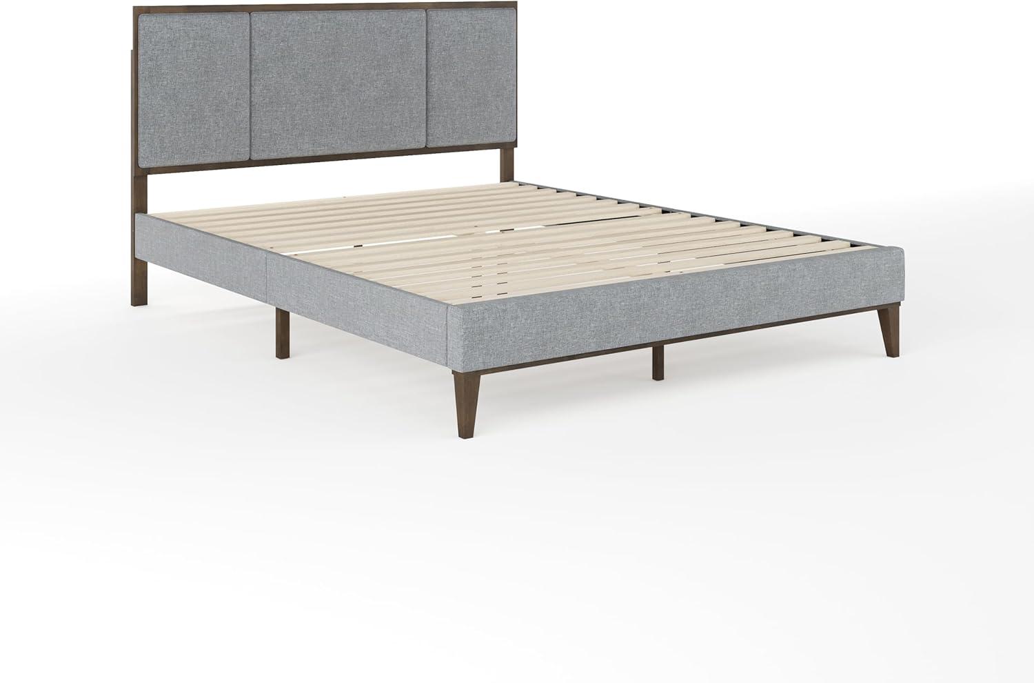 imageMartha Stewart Jett Platform Bed with Headboard Fabric Upholstered Inset Headboard and Base Solid Wood Frame No Box Spring Needed Queen Dark BrownBeigeGray FabricBrown Gray Frame