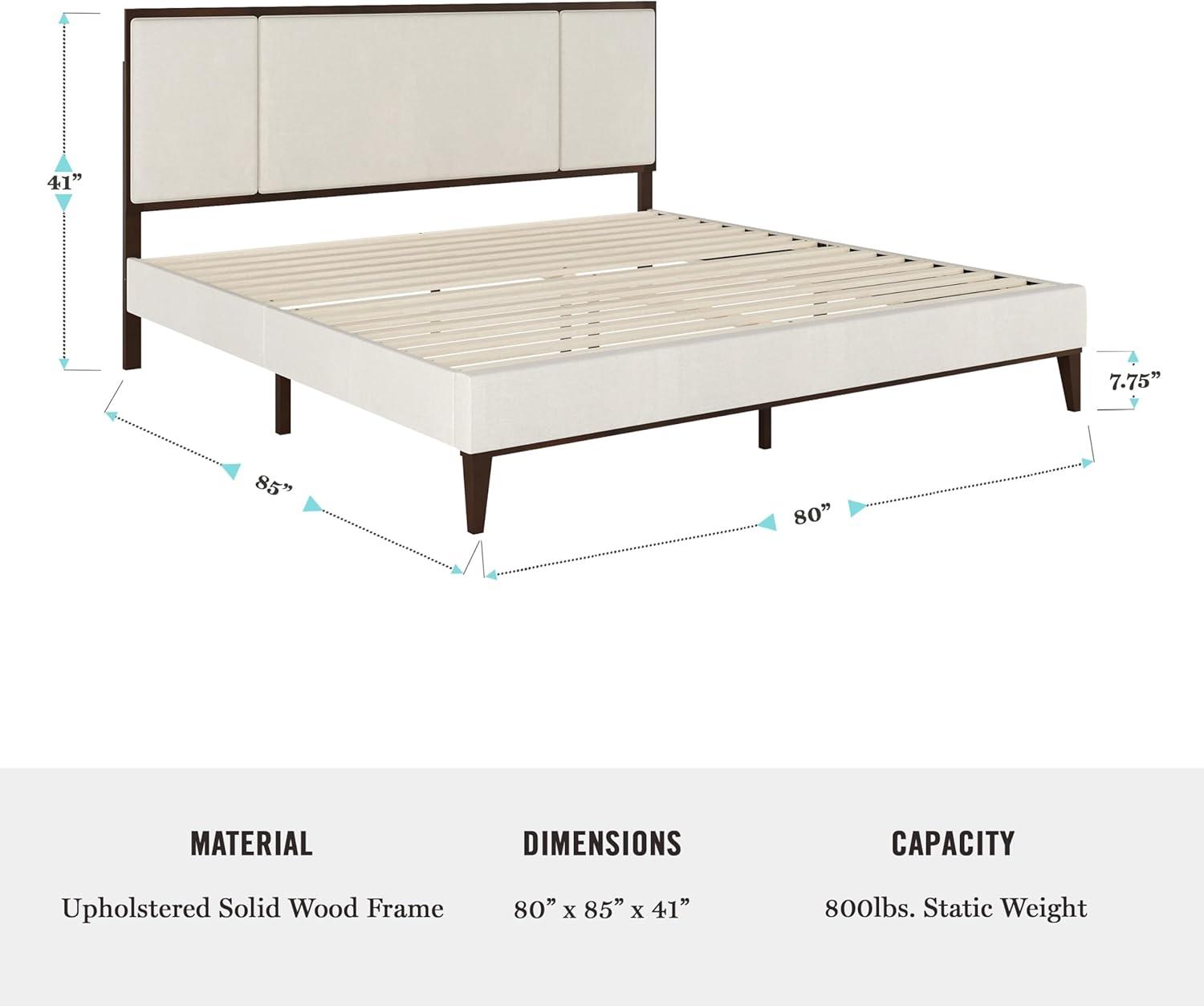 imageMartha Stewart Jett Platform Bed with Headboard Fabric Upholstered Inset Headboard and Base Solid Wood Frame No Box Spring Needed Queen Dark BrownBeigeBeige FabricDark Brown Frame