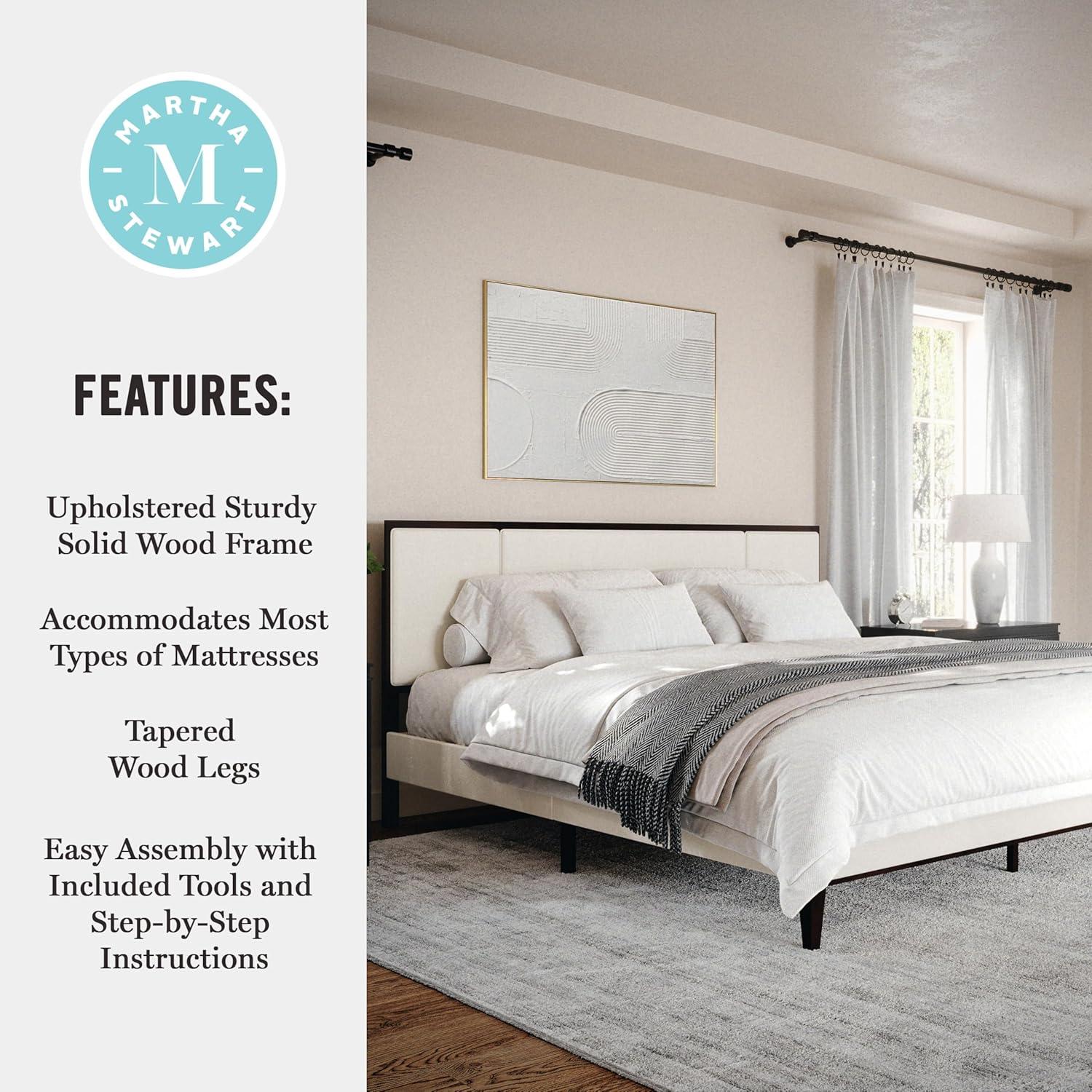imageMartha Stewart Jett Platform Bed with Headboard Fabric Upholstered Inset Headboard and Base Solid Wood Frame No Box Spring Needed Queen Dark BrownBeigeBeige FabricDark Brown Frame