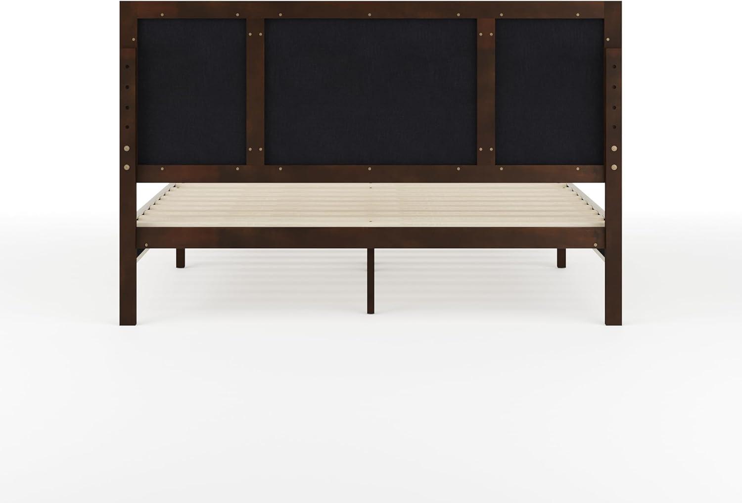 imageMartha Stewart Jett Platform Bed with Headboard Fabric Upholstered Inset Headboard and Base Solid Wood Frame No Box Spring Needed Queen Dark BrownBeigeBeige FabricDark Brown Frame