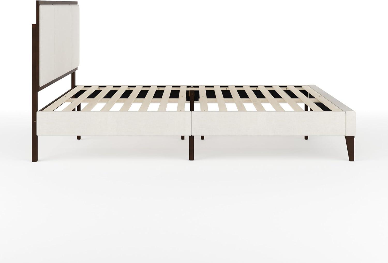 imageMartha Stewart Jett Platform Bed with Headboard Fabric Upholstered Inset Headboard and Base Solid Wood Frame No Box Spring Needed Queen Dark BrownBeigeBeige FabricDark Brown Frame