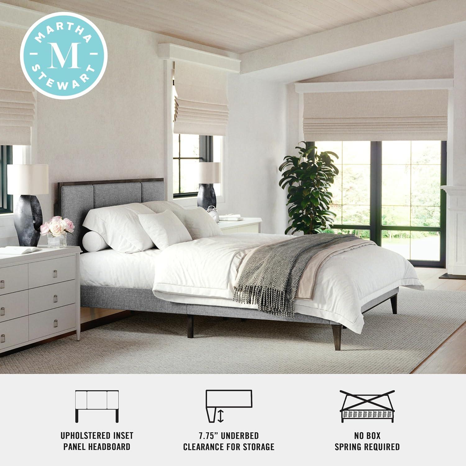 imageMartha Stewart Jett Platform Bed with Headboard Fabric Upholstered Inset Headboard and Base Solid Wood Frame No Box Spring Needed Queen Dark BrownBeigeGray FabricBrown Gray Frame