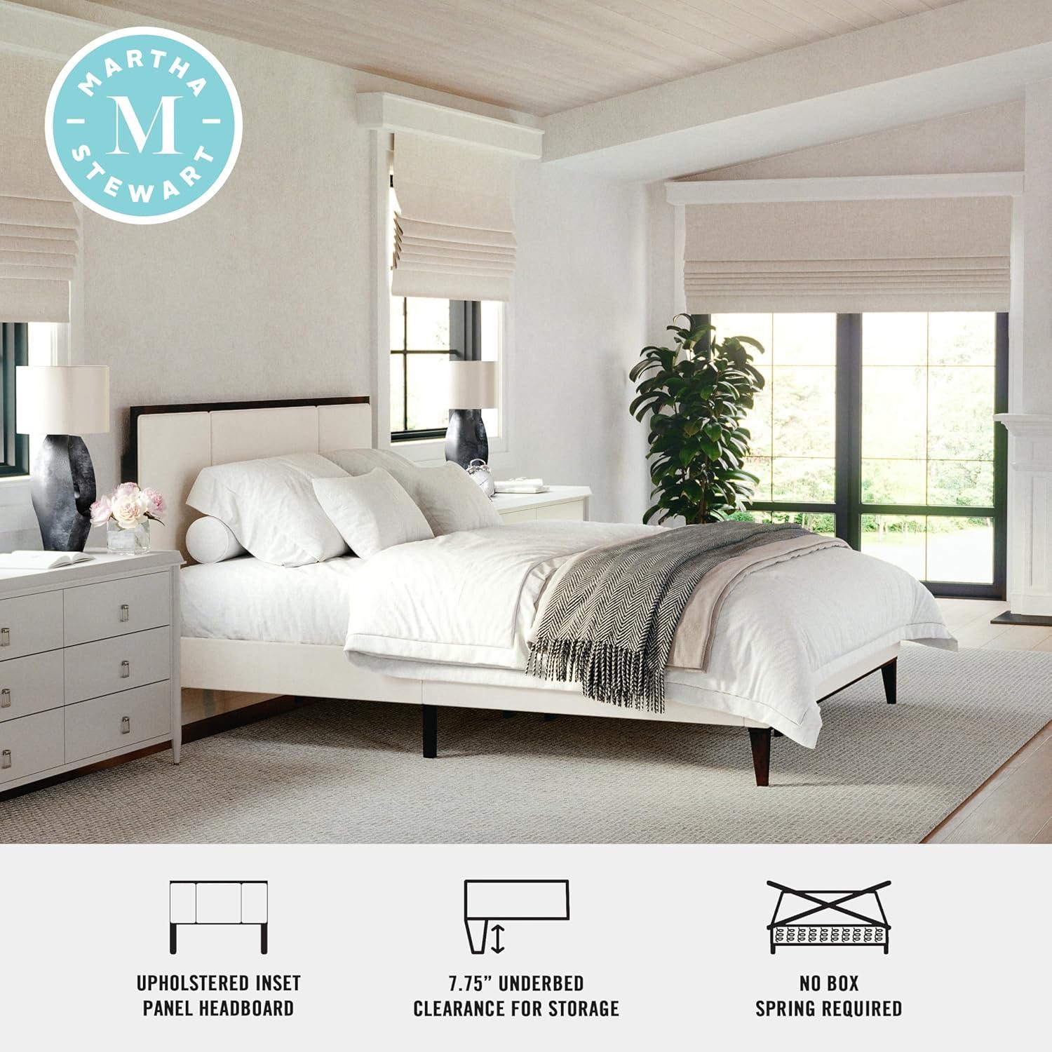 imageMartha Stewart Jett Platform Bed with Headboard Fabric Upholstered Inset Headboard and Base Solid Wood Frame No Box Spring Needed Queen Dark BrownBeigeBeige FabricDark Brown Frame