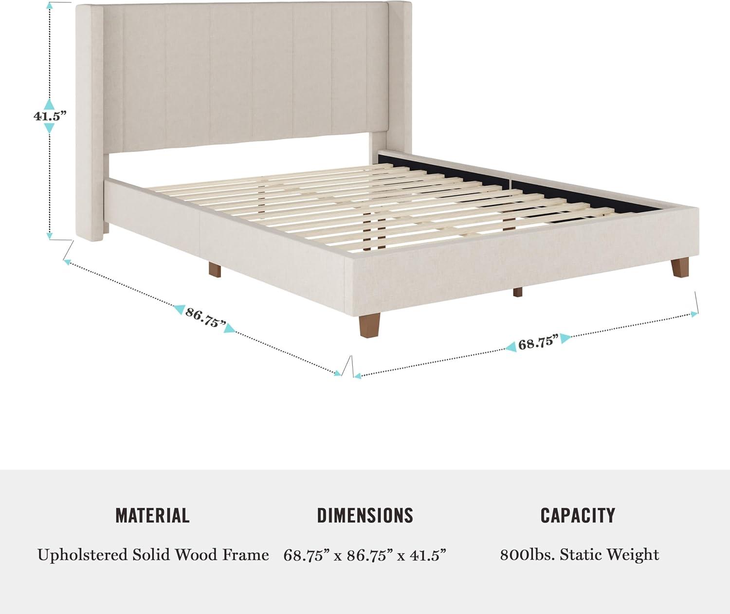 imageMartha Stewart Kay Low Profile Platform Bed with Wingback Headboard Channel Stitched Faux Linen Upholstery No Box Spring Needed Full BeigeBeige FabricWalnut Legs