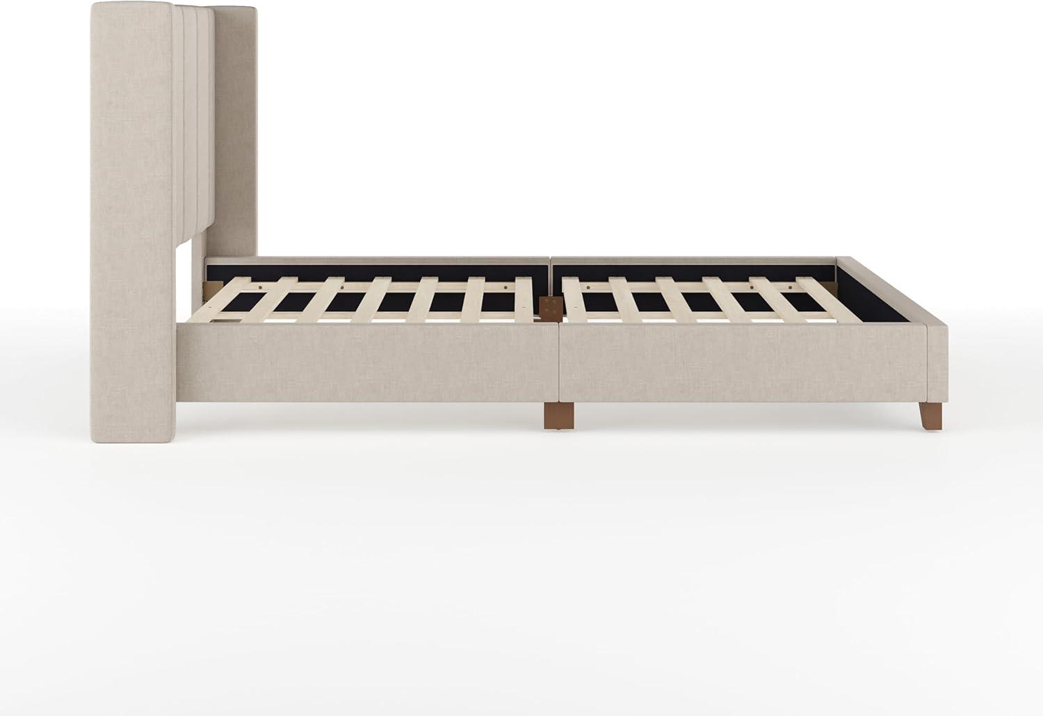 imageMartha Stewart Kay Low Profile Platform Bed with Wingback Headboard Channel Stitched Faux Linen Upholstery No Box Spring Needed Full BeigeBeige FabricWalnut Legs