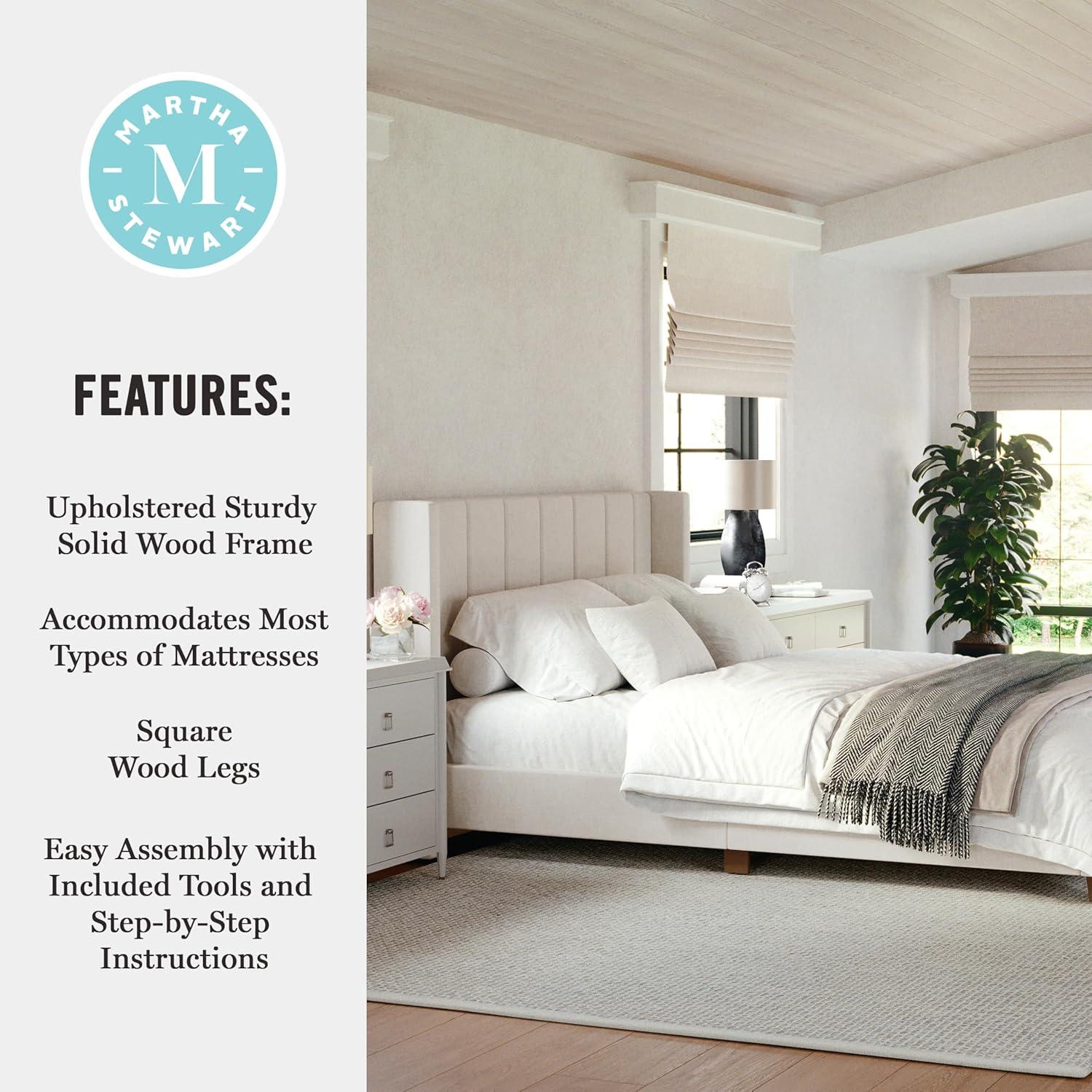 imageMartha Stewart Kay Low Profile Platform Bed with Wingback Headboard Channel Stitched Faux Linen Upholstery No Box Spring Needed Full BeigeBeige FabricWalnut Legs