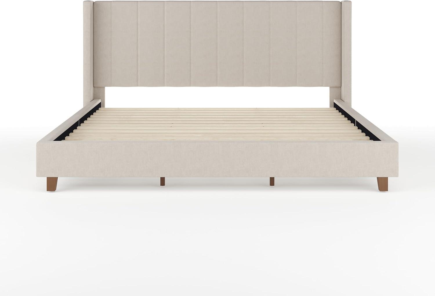 imageMartha Stewart Kay Low Profile Platform Bed with Wingback Headboard Channel Stitched Faux Linen Upholstery No Box Spring Needed Full BeigeBeige FabricWalnut Legs