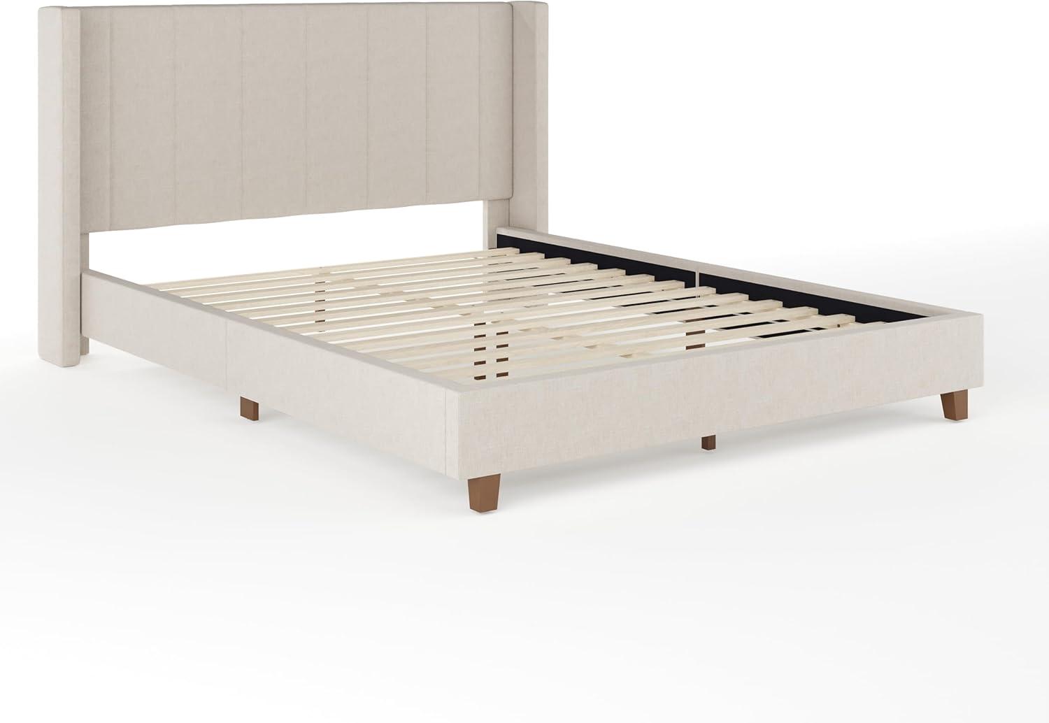 imageMartha Stewart Kay Low Profile Platform Bed with Wingback Headboard Channel Stitched Faux Linen Upholstery No Box Spring Needed Full BeigeBeige FabricWalnut Legs