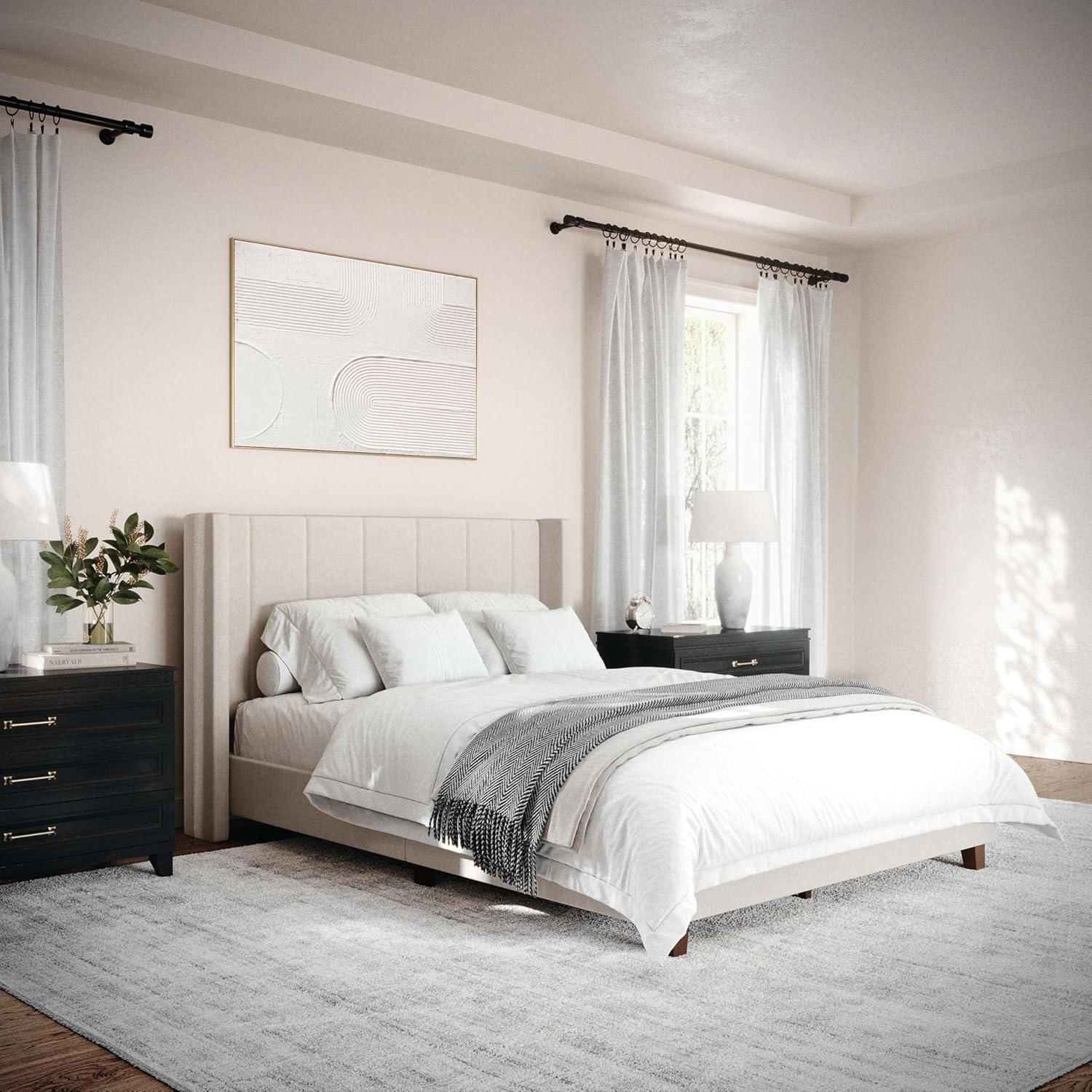 imageMartha Stewart Kay Low Profile Platform Bed with Wingback Headboard Channel Stitched Faux Linen Upholstery No Box Spring Needed Full BeigeBeige FabricWalnut Legs