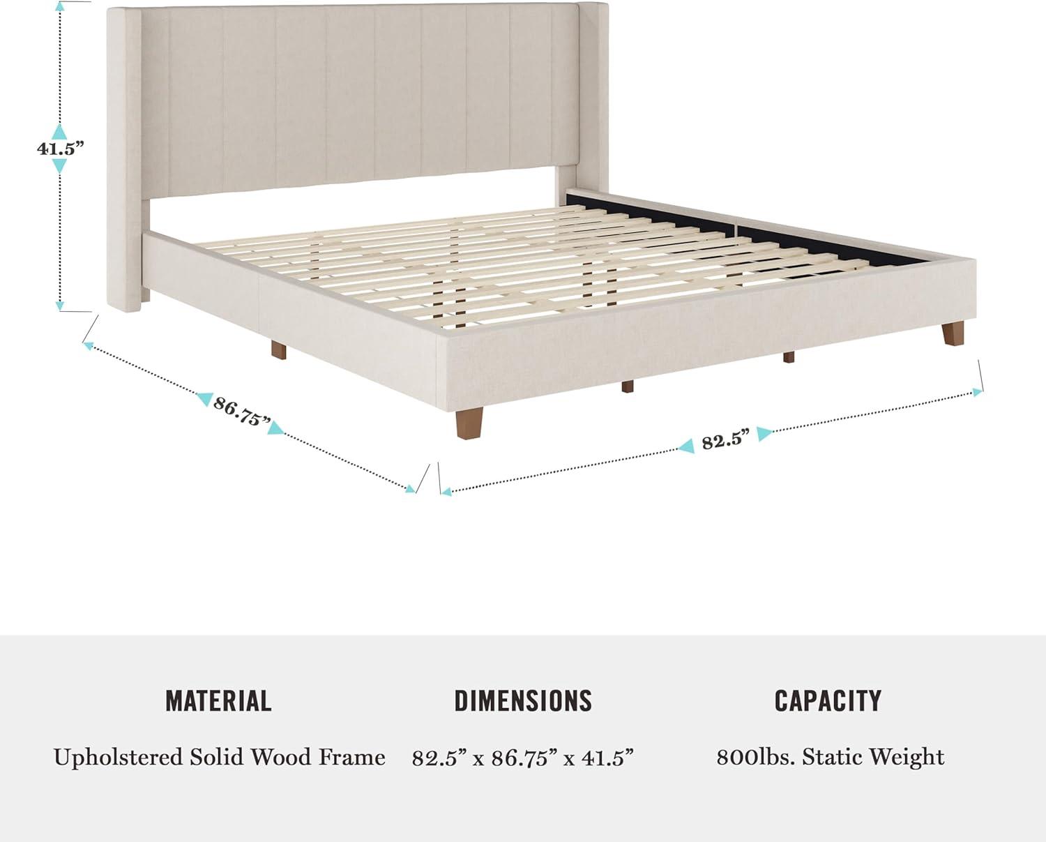 imageMartha Stewart Kay Low Profile Platform Bed with Wingback Headboard Channel Stitched Faux Linen Upholstery No Box Spring Needed Full BeigeBeige FabricWalnut Legs
