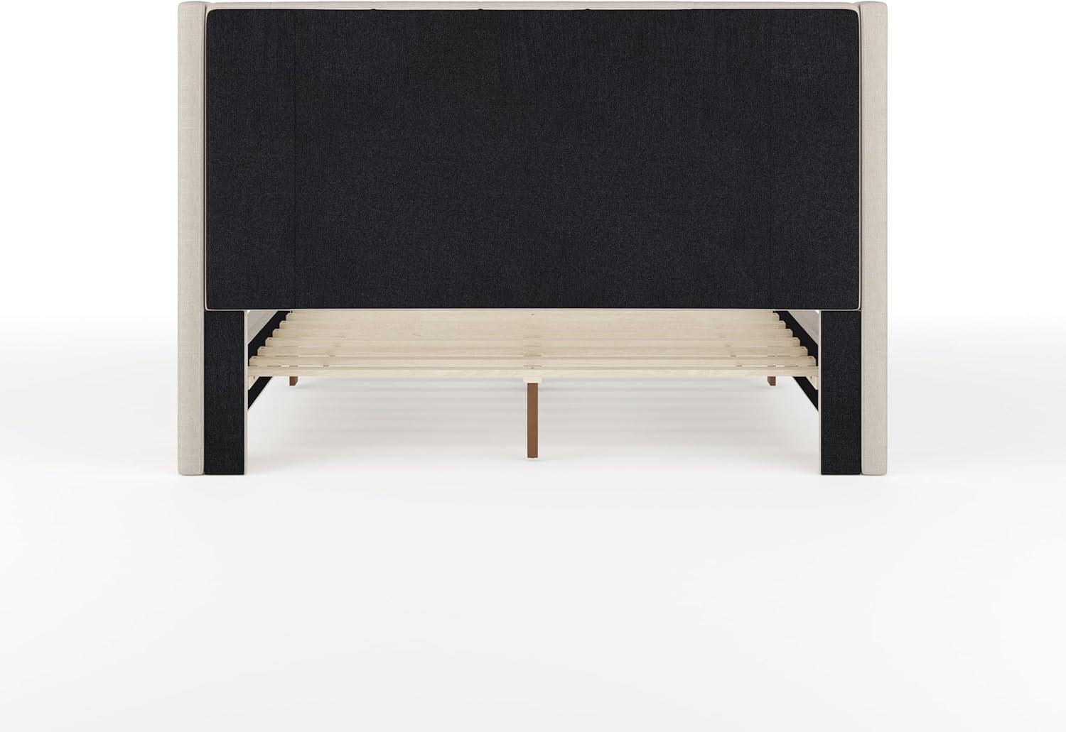 imageMartha Stewart Kay Low Profile Platform Bed with Wingback Headboard Channel Stitched Faux Linen Upholstery No Box Spring Needed Full BeigeBeige FabricWalnut Legs