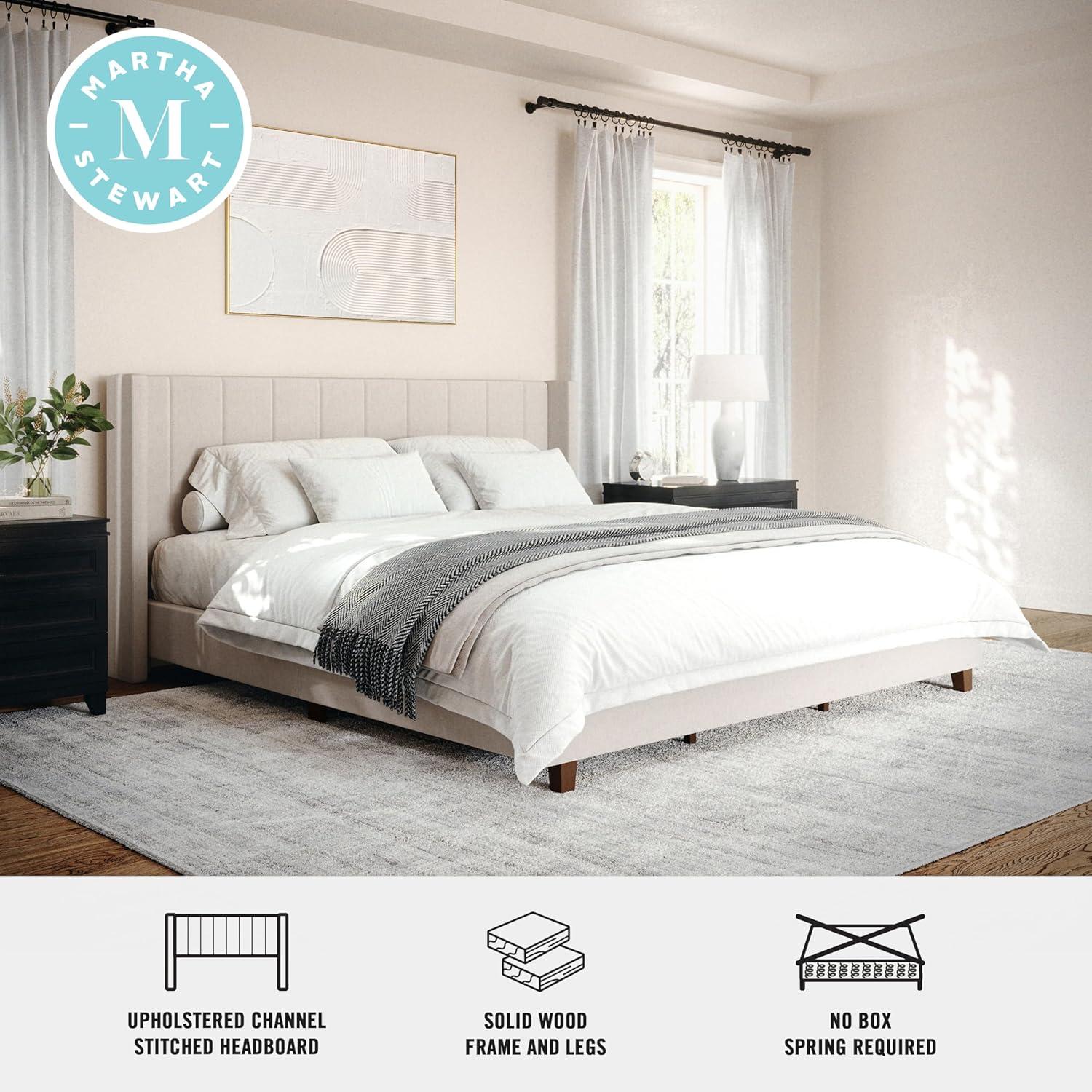 imageMartha Stewart Kay Low Profile Platform Bed with Wingback Headboard Channel Stitched Faux Linen Upholstery No Box Spring Needed Full BeigeBeige FabricWalnut Legs