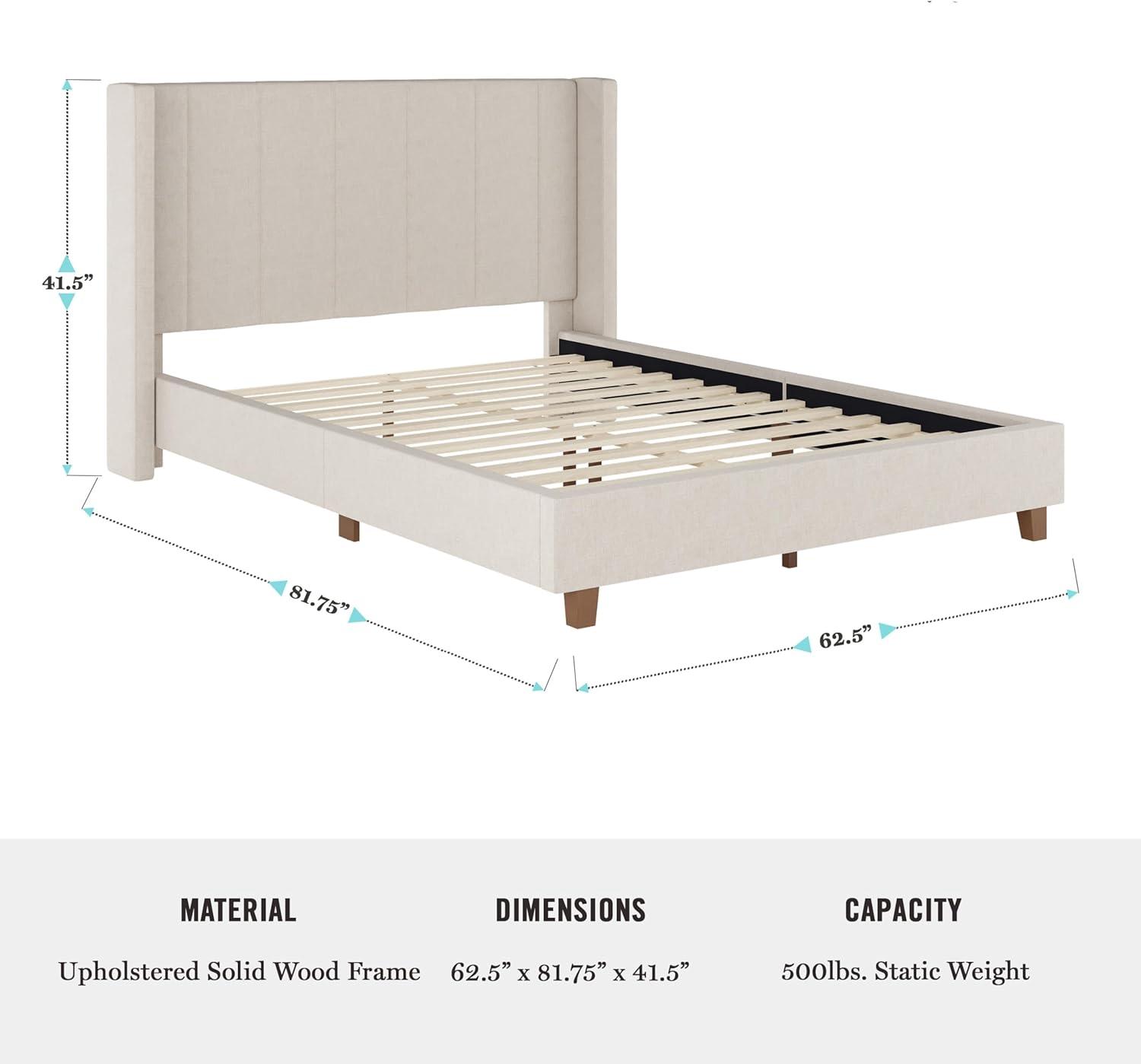 imageMartha Stewart Kay Low Profile Platform Bed with Wingback Headboard Channel Stitched Faux Linen Upholstery No Box Spring Needed Full BeigeBeige FabricWalnut Legs