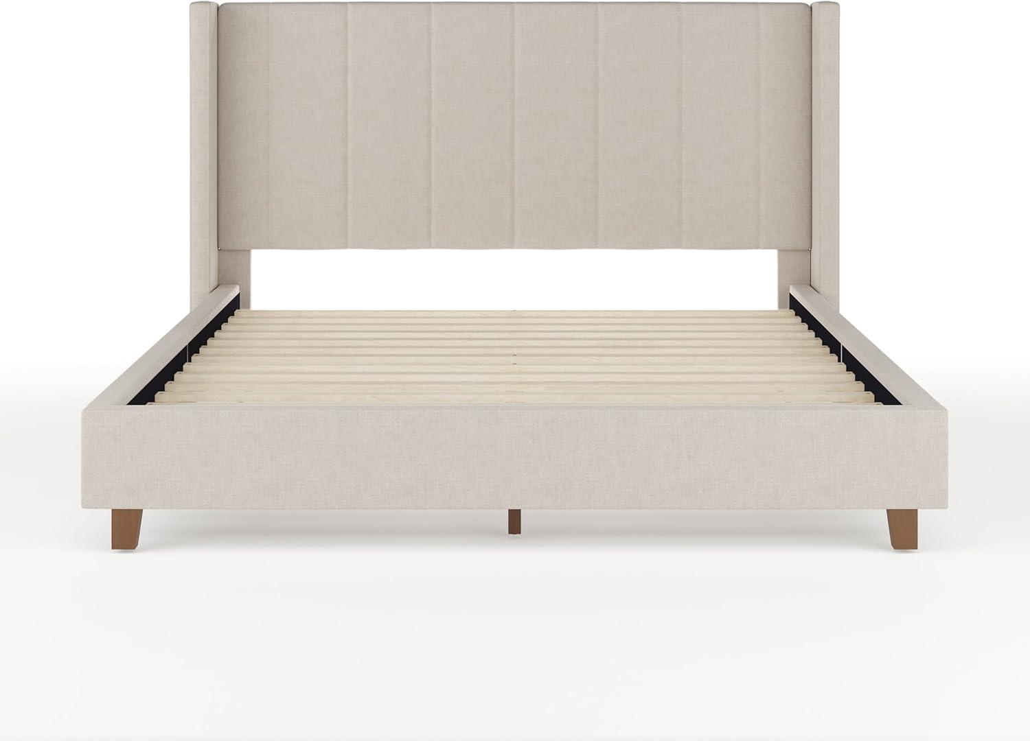 imageMartha Stewart Kay Low Profile Platform Bed with Wingback Headboard Channel Stitched Faux Linen Upholstery No Box Spring Needed Full BeigeBeige FabricWalnut Legs